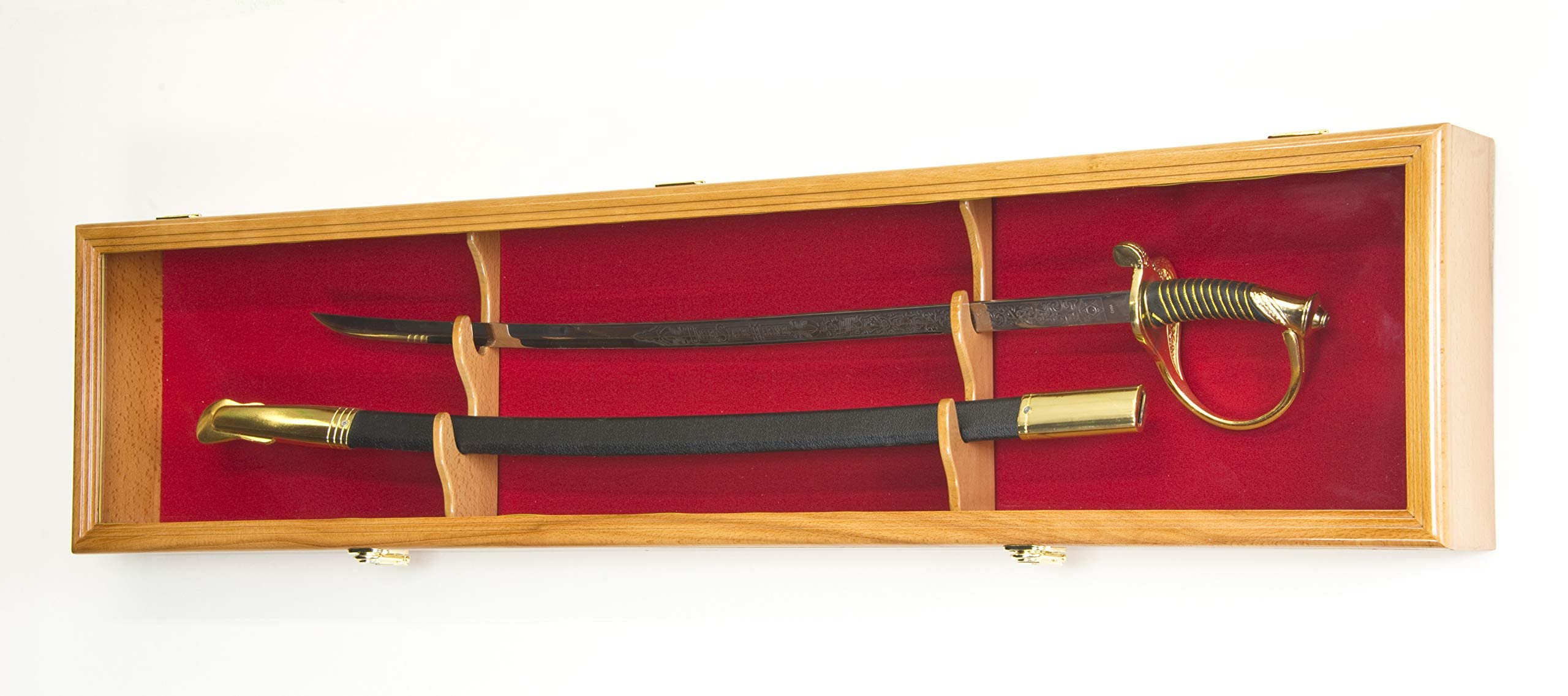 Custom Oak Finish Sword Display Case with Red Felt & Lockable Scabbard Wall Cabinet - Perfect for Home Decor, Martial Arts Studios & Collector Showcases