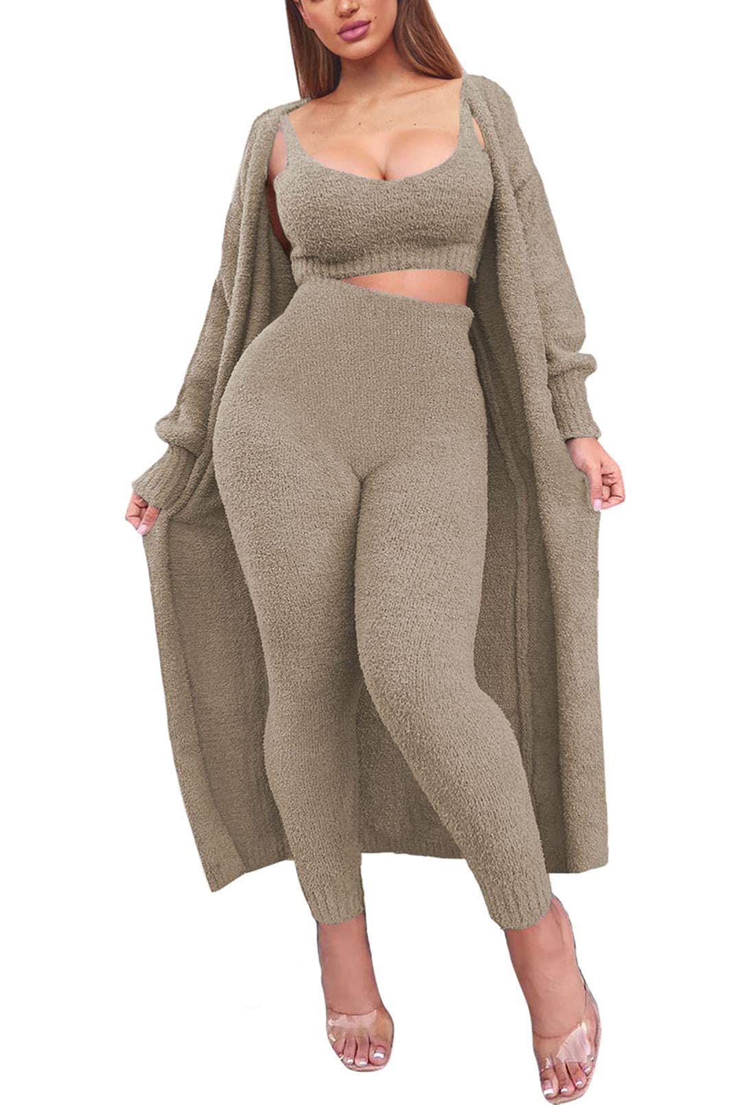 TOLENY Women's 3-Piece Fuzzy Lounge Set - Open Front Cardigan, Crop Tank Top & Wide Leg Pants | Cozy Loungewear for Home, Yoga & Casual Outings