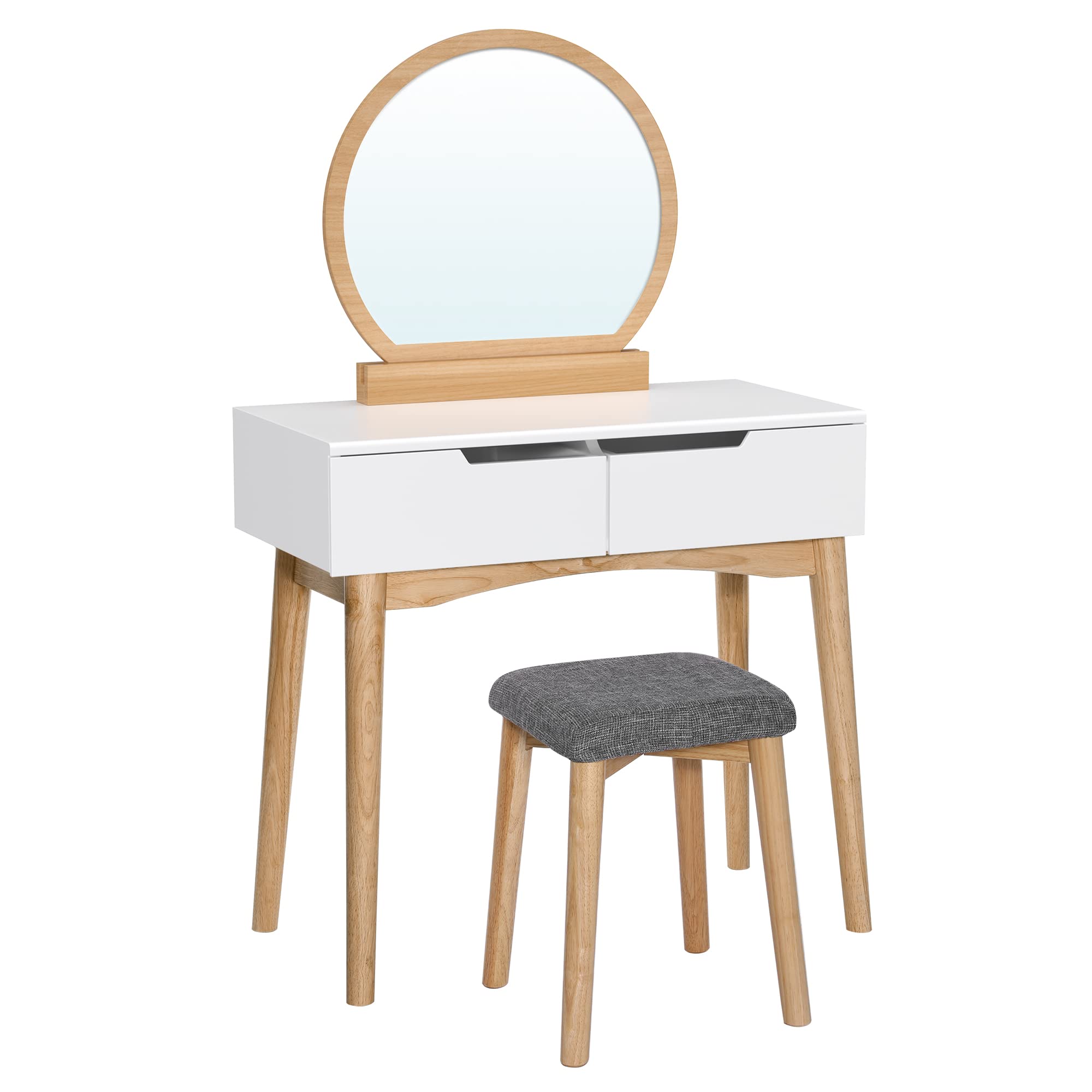 VASAGLE Vanity Table with Rounded Mirror & 2 Drawers, Makeup Dressing Desk Set with Upholstered Stool - Natural & White for Bedroom, Bathroom & Home Decor | Perfect for Makeup Organization & Beauty Routine