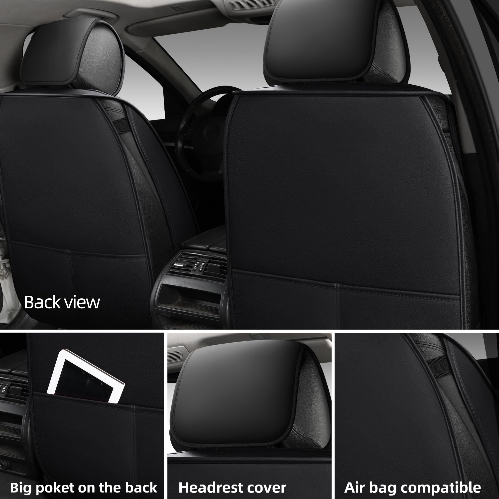 LINGVIDO Waterproof Leather Car Seat Cover - Universal Fit Front Seat Protector for Cars, SUVs & Trucks - Full Set Automotive Seat Covers Available (Black & Gray) - Perfect for Road Trips, Daily Commutes & Pet Protection