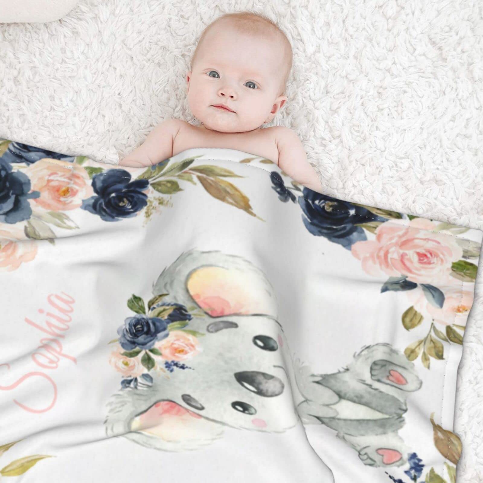 Custom Personalized Baby Blankets with Name - Elephant Woodland & Sunflower Crown Designs for Newborn Boys and Girls | Perfect for Nursery, Christening Gifts & Photo Props (Kola2)