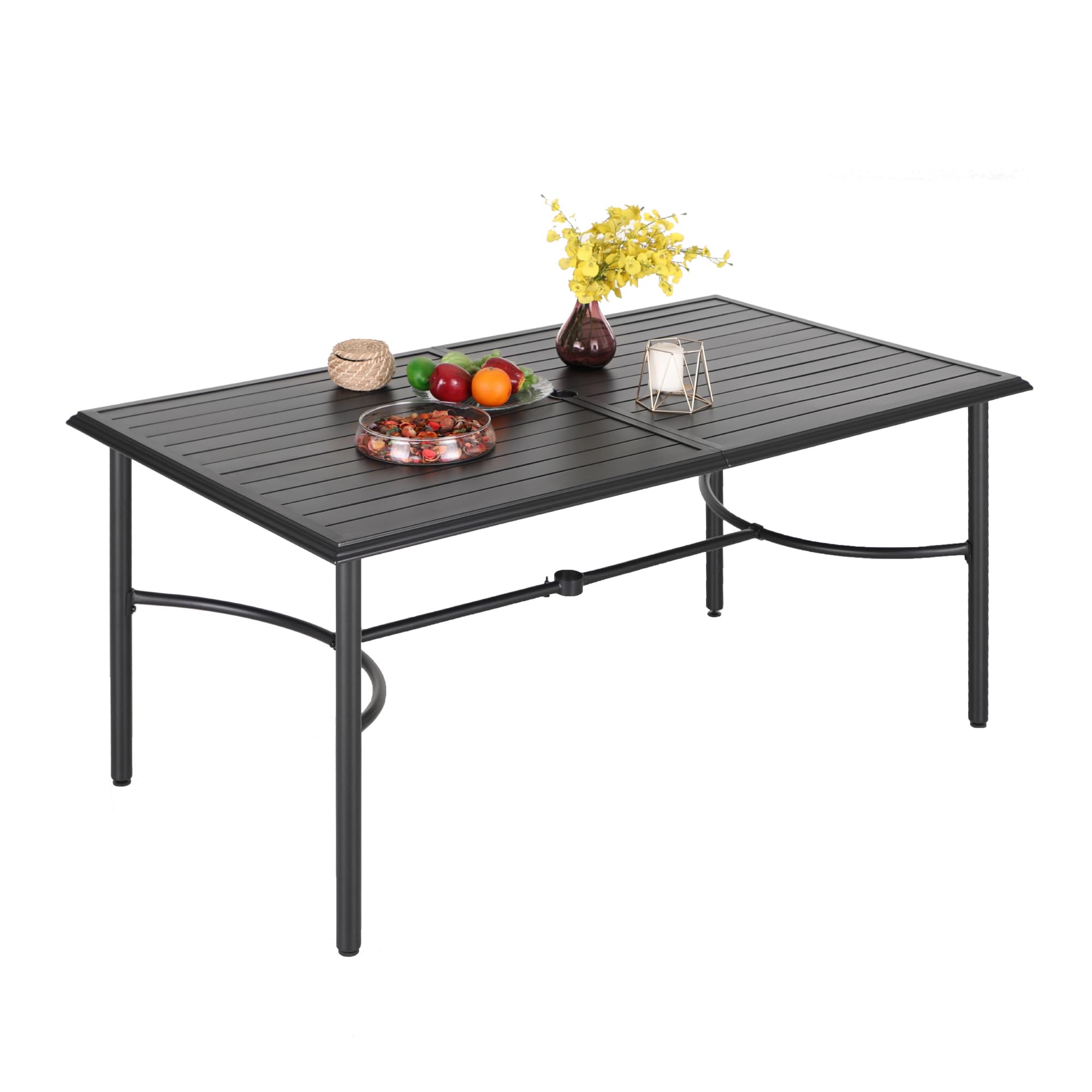 6-Person Outdoor Patio Dining Table with Umbrella Hole - Durable Metal Rectangle Table for Garden, Backyard, Porch | Perfect for Family Gatherings & Summer BBQs