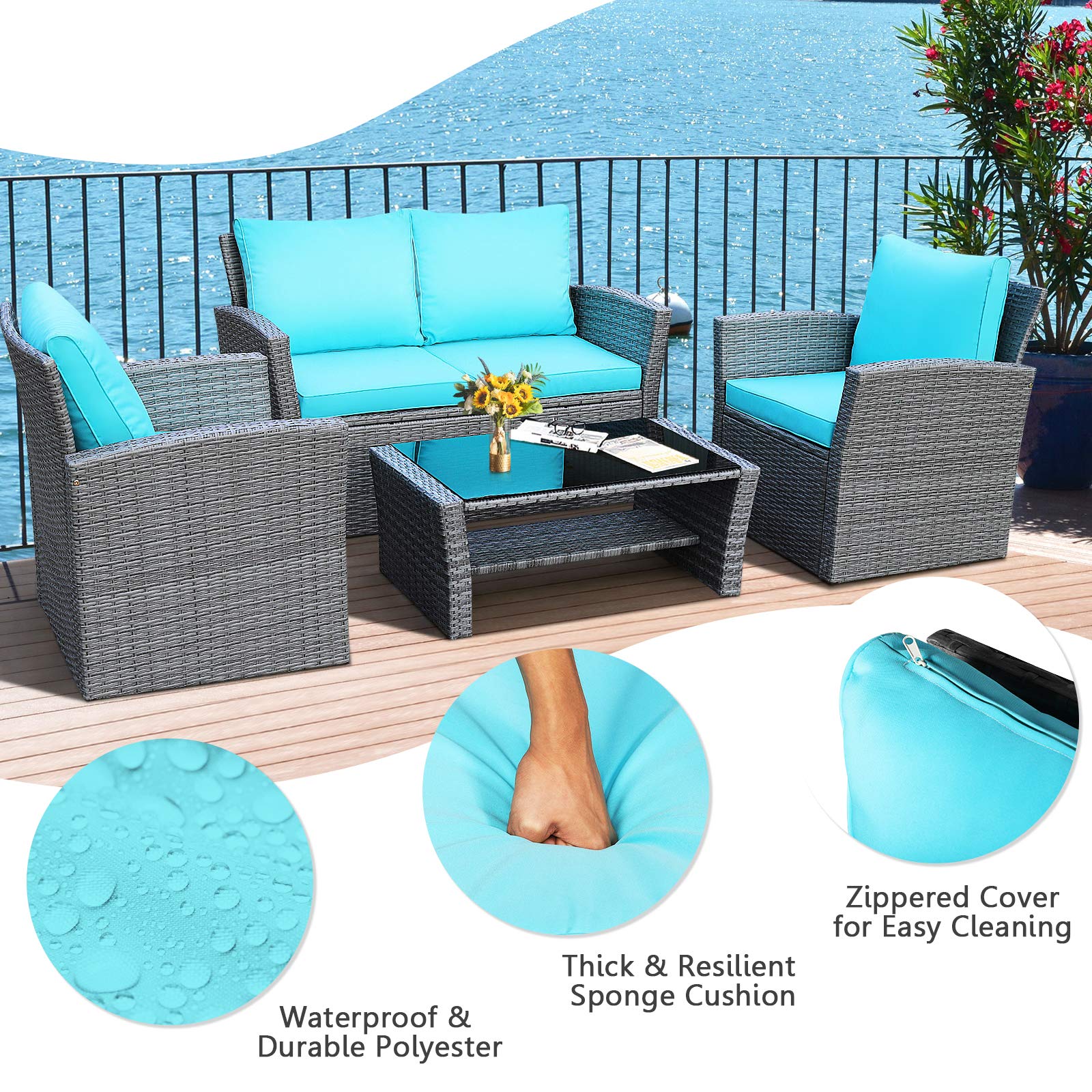 HAPPYGRILL 4-Piece Outdoor Rattan Patio Furniture Set with Cushions & Coffee Table - Wicker Sectional Sofa Conversation Set for Garden, Porch, Balcony, Poolside - Perfect for Relaxing, Entertaining & Outdoor Lounging