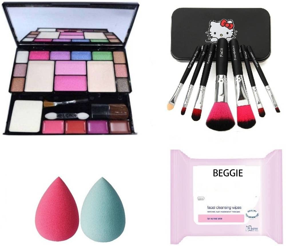 Beggie Makeup Kit 6171 - 7 Piece Cute Eyeshadow Brush Set with 2 MeNOW Sponge Puffs & Facial Wipes | Complete Cosmetic Collection for Professional Makeup Application & Travel | Perfect for Beginners, Daily Use & On-The-Go Touch Ups