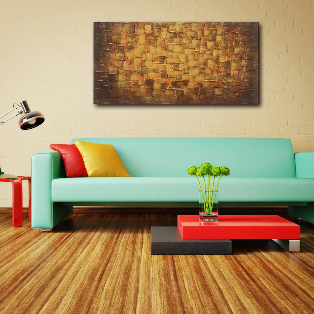 Large Abstract Golden Yellow Square Wall Art - Hand Painted Textured Oil Painting on Canvas - Ready to Hang 60x30 Inches - Modern Home Decor for Living Room, Bedroom & Office