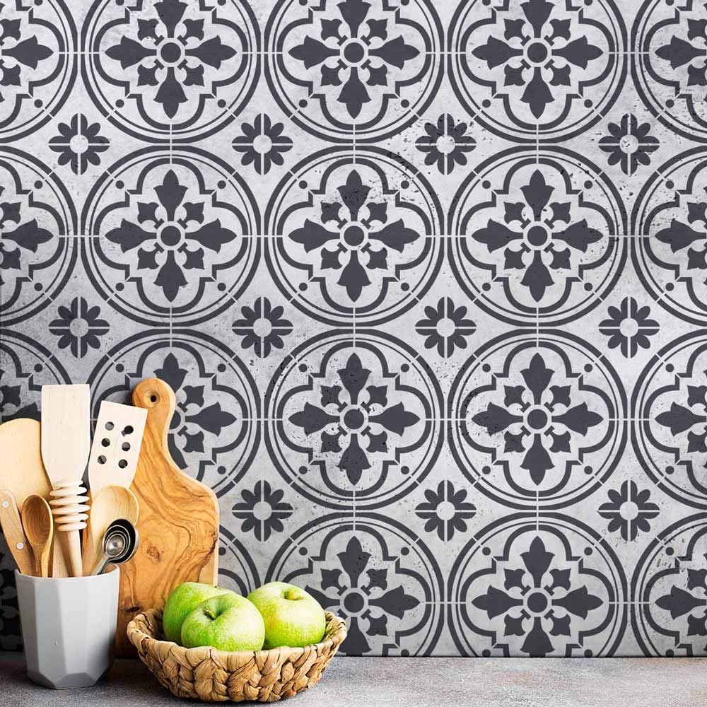 Barcelona Tile Stencil - Large 12x12 Reusable DIY Stencil for Faux Tile Wall & Floor Cover - Easy Home Decor Upgrade for Kitchen Backsplash, Bathroom Renovation & Creative Craft Projects