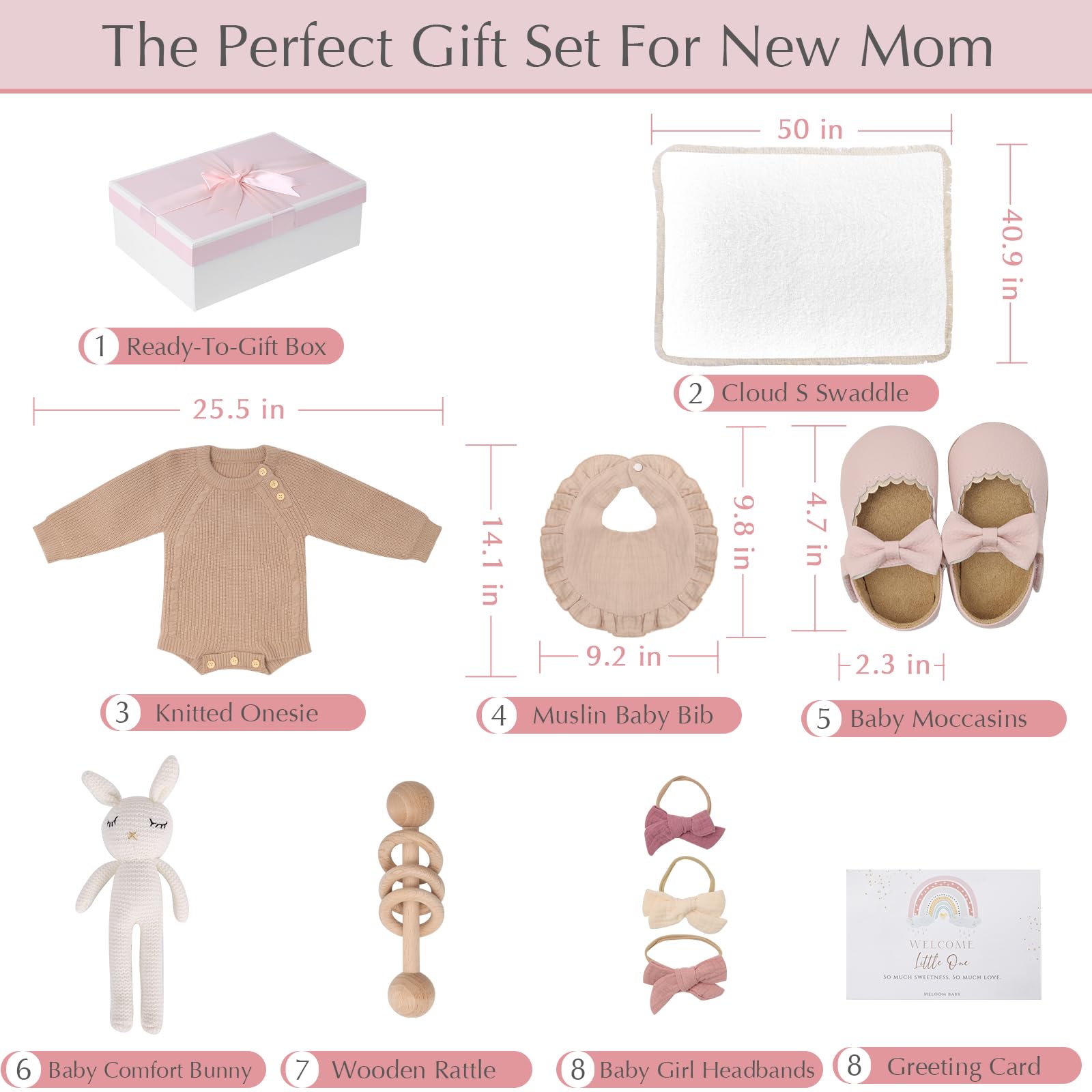 Meloom Deluxe Baby Girl Gift Set - Newborn Baby Shower Gifts Basket with Boho Essentials | Personalized Baby Shower Gifts for New Moms | Perfect for Newborn Welcome, Christening & First Birthday Celebrations