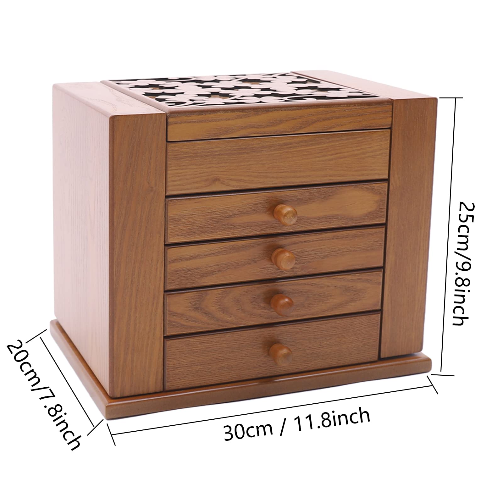 5-Layer Jewelry Organizer Box with Mirror & Drawers - Large Jewelry Storage Case for Earrings, Necklaces, Bracelets & Watches - Dark Brown Wooden Jewelry Box for Bedroom, Vanity & Travel