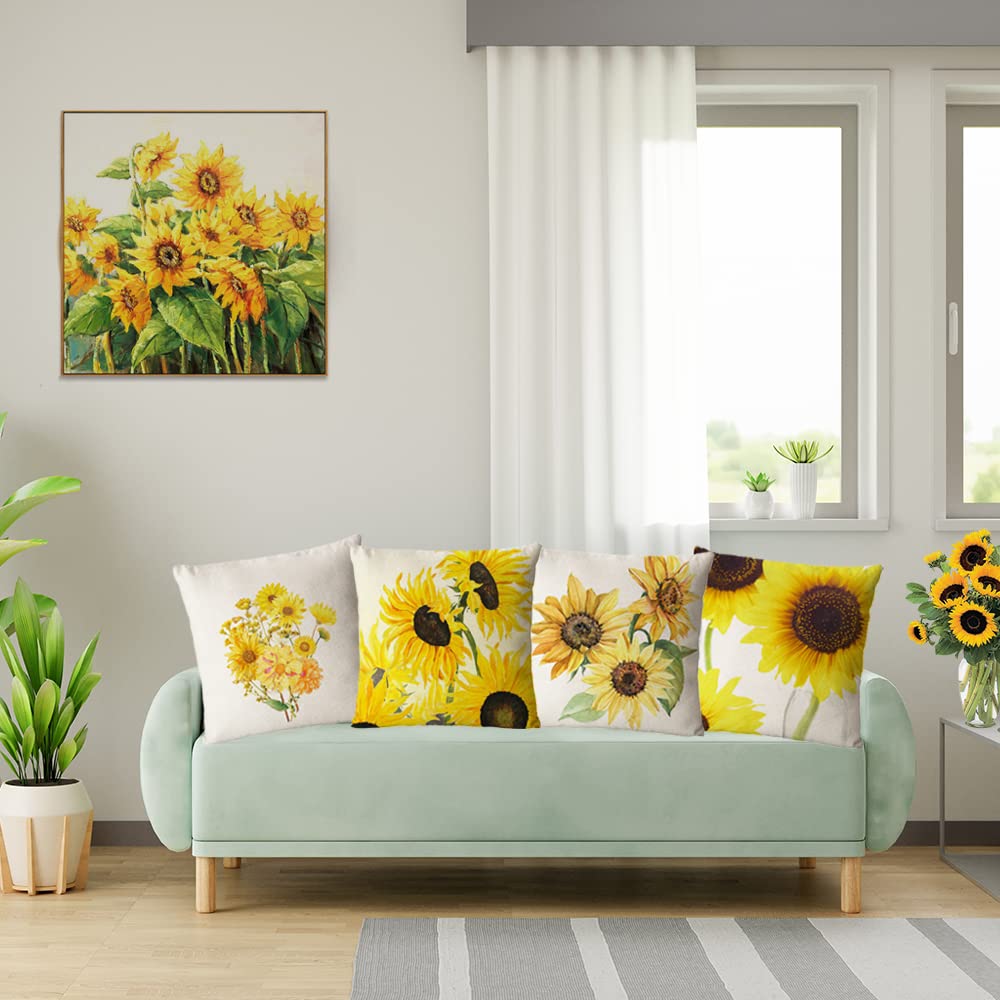 YeeJu Set of 4 Sunflower Decorative Throw Pillow Covers - 20x20 Inch Square Cotton Linen Floral Cushion Covers for Sofa, Couch & Outdoor Furniture - Perfect for Living Room, Patio and Summer Home Decor