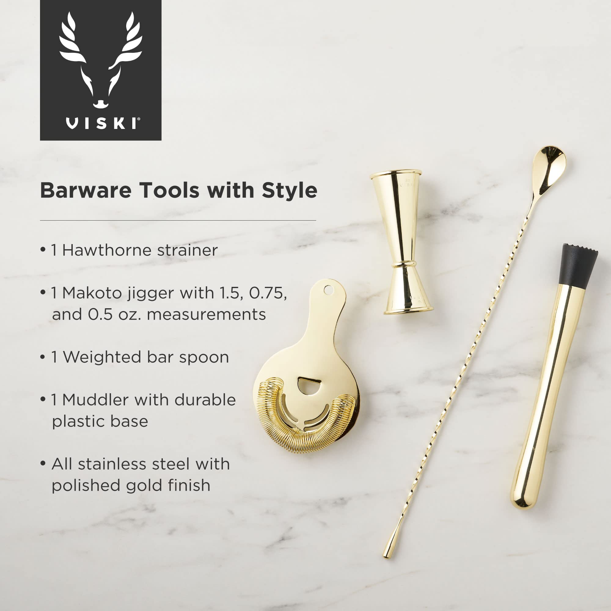 Premium Viski Gold Cocktail Shaker Set - 7-Piece Stainless Steel Bar Tools Kit with Mixing Glass, Bar Spoon & Bartender Accessories - Perfect for Home Bars, Parties & Professional Mixology
