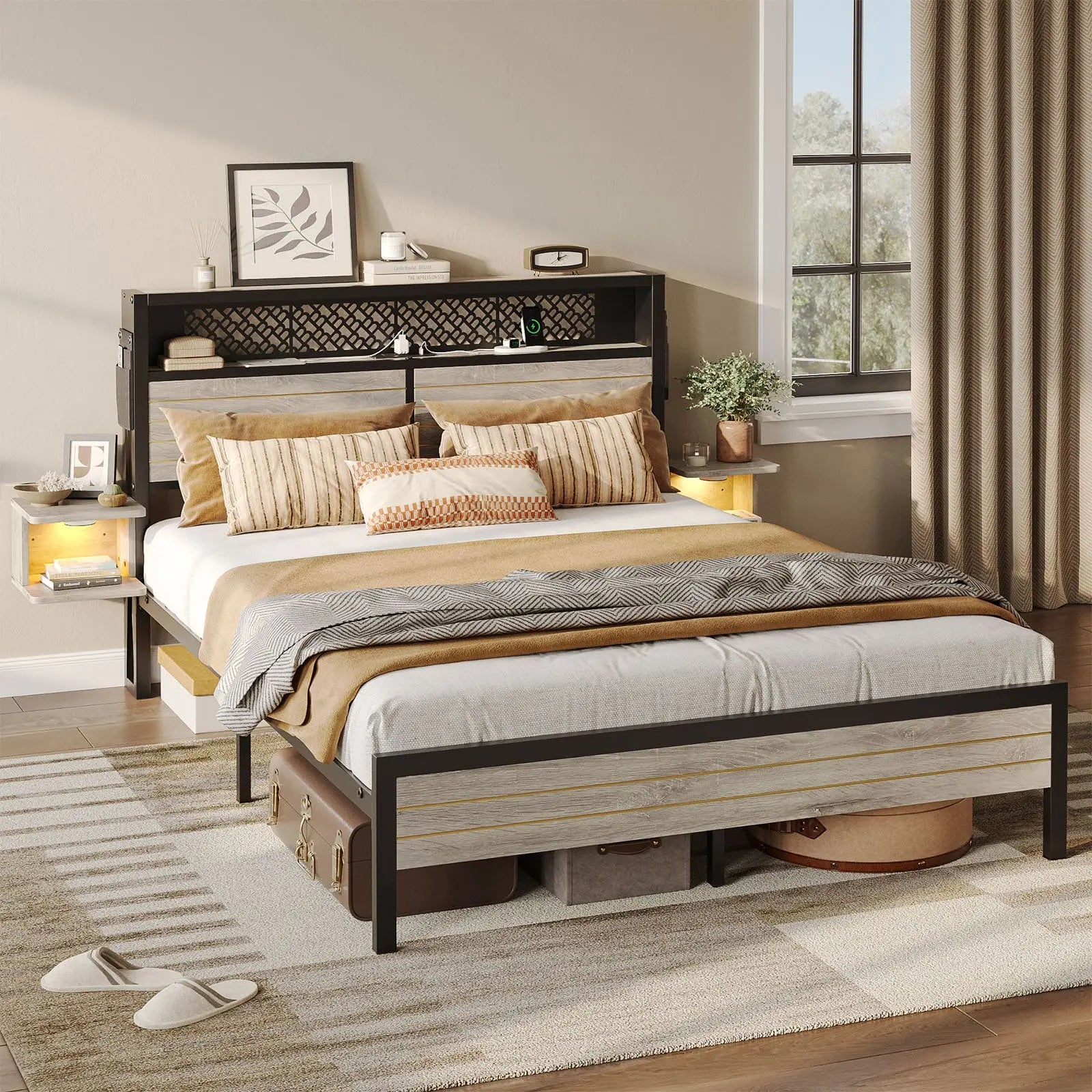 Bestier Queen Bed Frame with Horizontal Golden Stripe Storage Headboard - Modern Platform Bed with Underbed Storage - Perfect for Small Bedrooms, Guest Rooms & Apartments