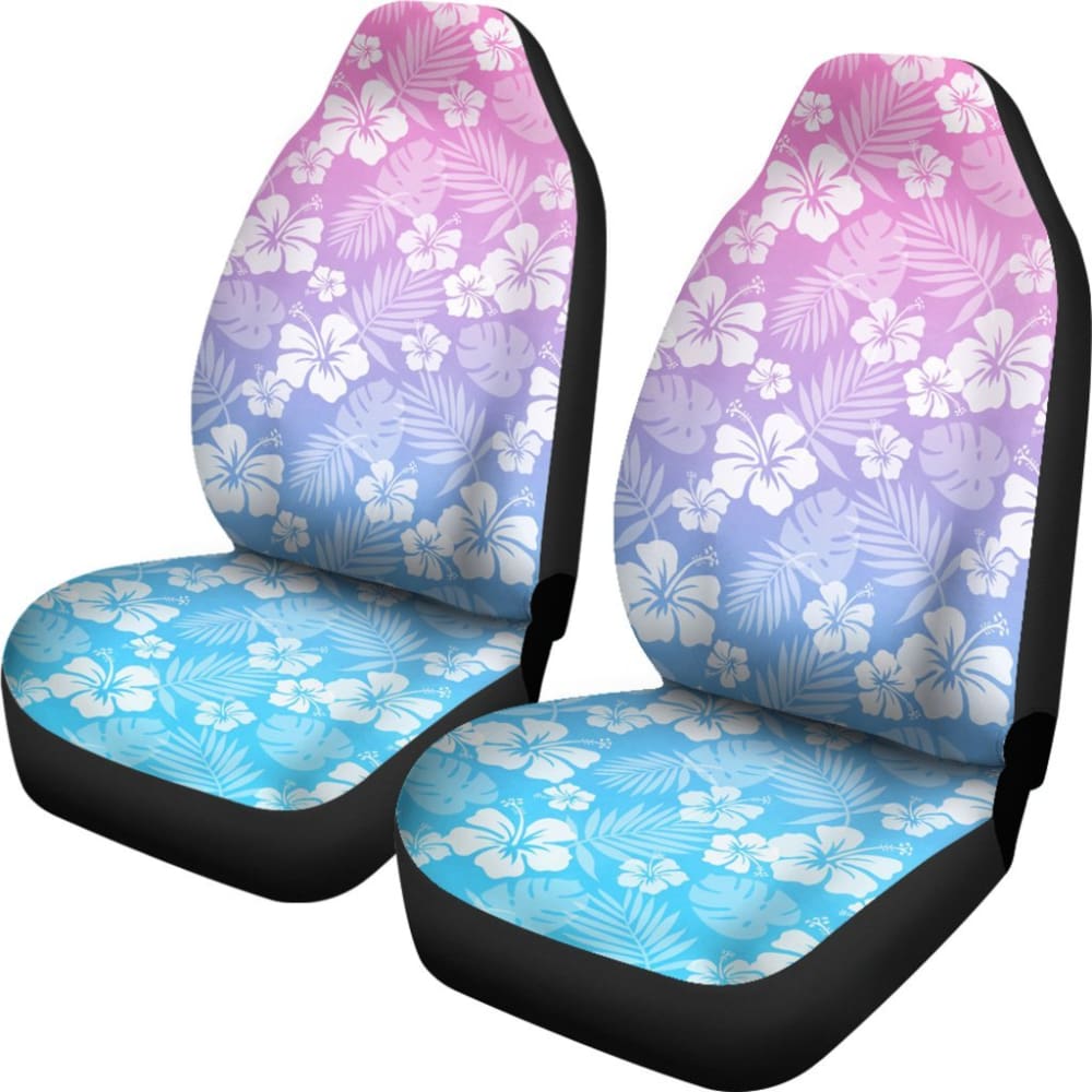 Blue, Purple & Pink Ombre Car Seat Covers with White Hibiscus Pattern - Waterproof, Universal Fit for Cars, SUVs & Trucks - Stylish Protection for Road Trips & Daily Commutes