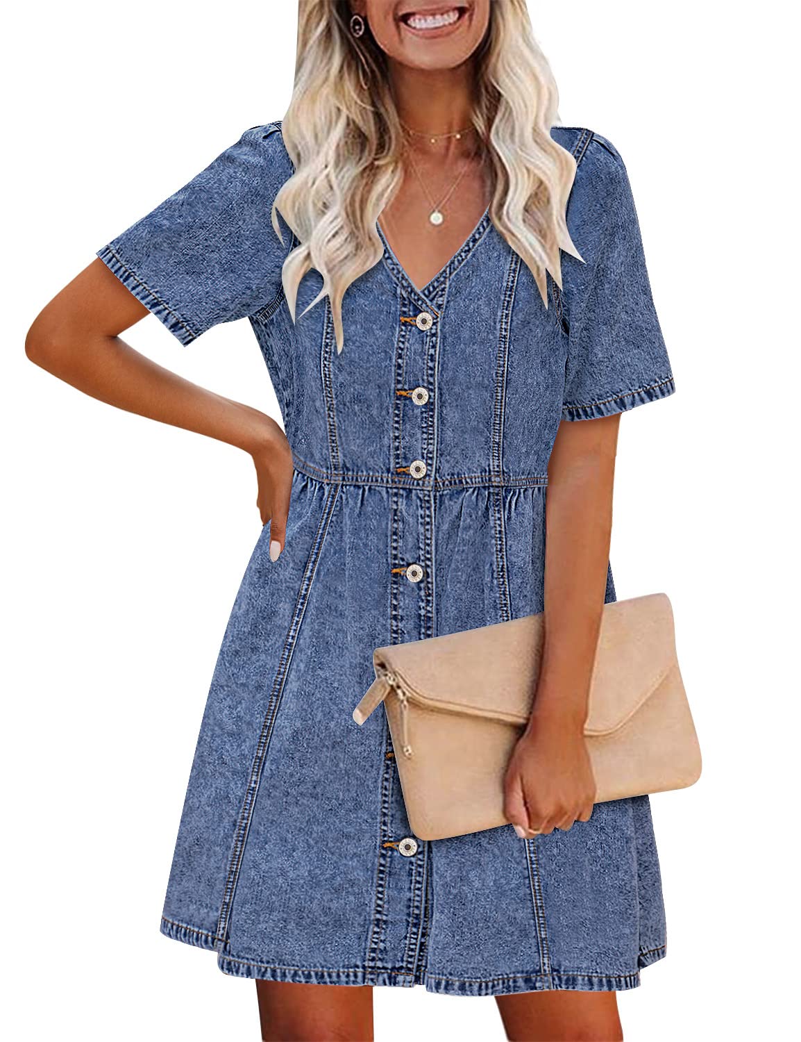 Luvamia Women's Denim Dress - Button Down Western Short Jean Dress for Summer | Casual Outfit, Beach Wear & Boho Style Fashion