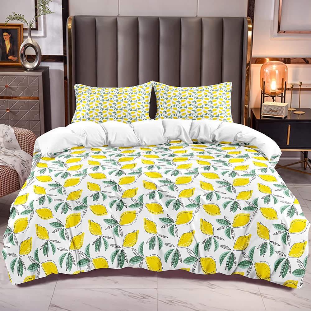 Yellow Lemon Twin Duvet Cover Set with 2 Pillow Shams - Green Leaf Print Botanical Farmhouse Bedding, Soft Microfiber Fruit Pattern Comforter Cover - Perfect for Spring & Summer Bedroom Decor, Guest Room or Vacation Home