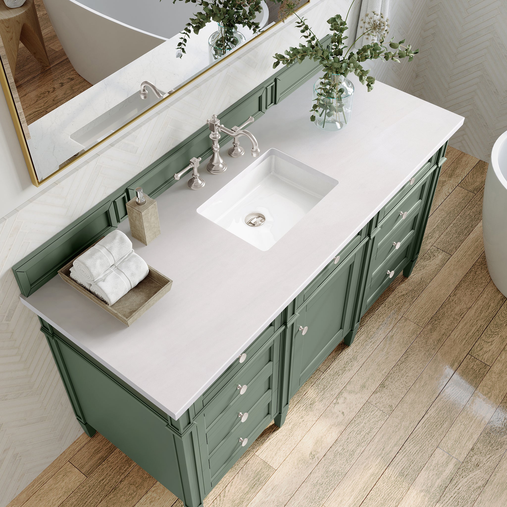 Brittany 60-Inch Single Bathroom Vanity in Smokey Celadon with 3CM White Zeus Quartz Top - Perfect for Modern Master Bathrooms & Powder Rooms