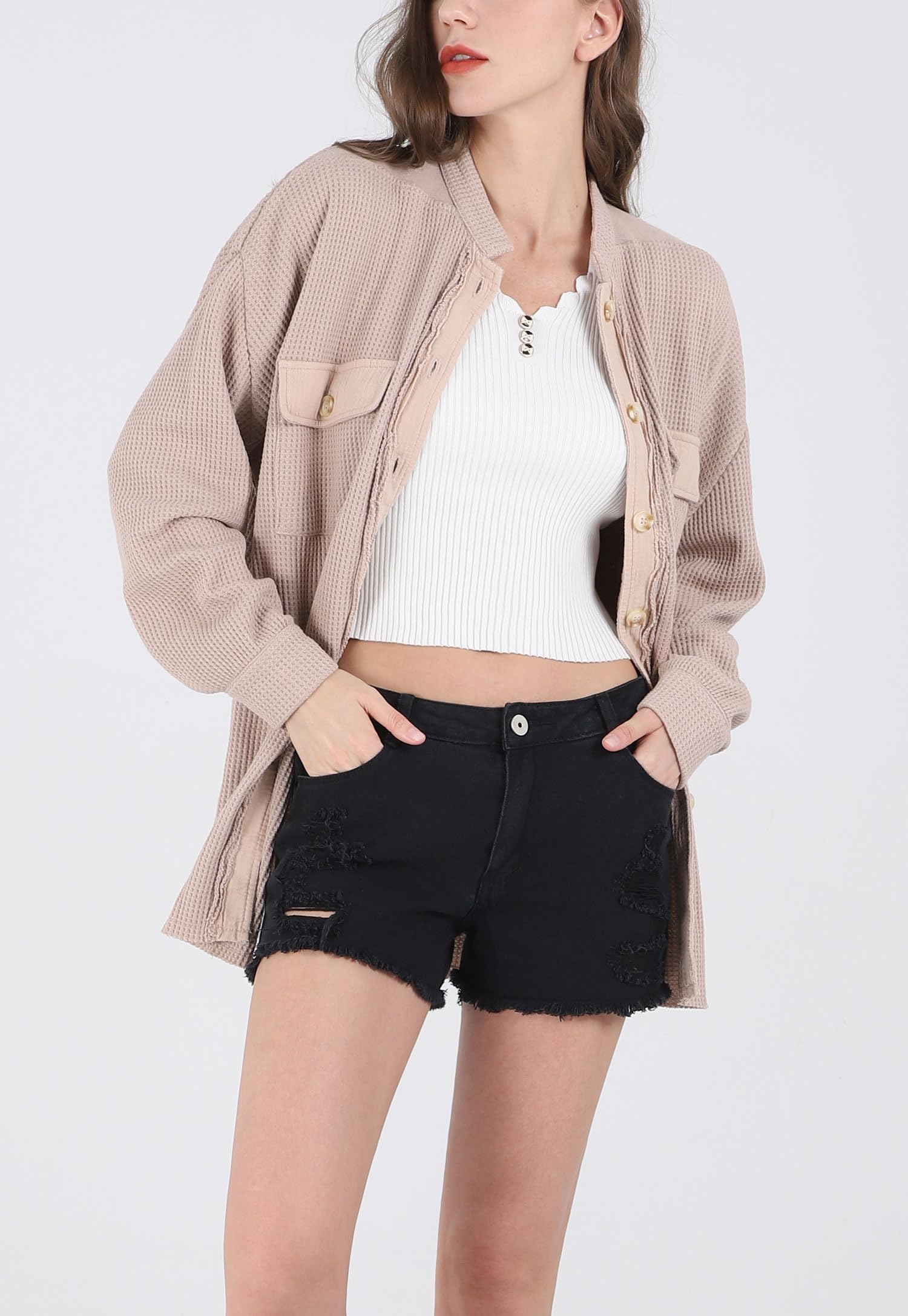 Women's Loose Fit Batwing Sleeve Waffle Knit Button Down Shirt Shacket - Casual Oversized Long Sleeve Top for Fall & Winter | Perfect for Layering, Office Wear, and Weekend Outfits