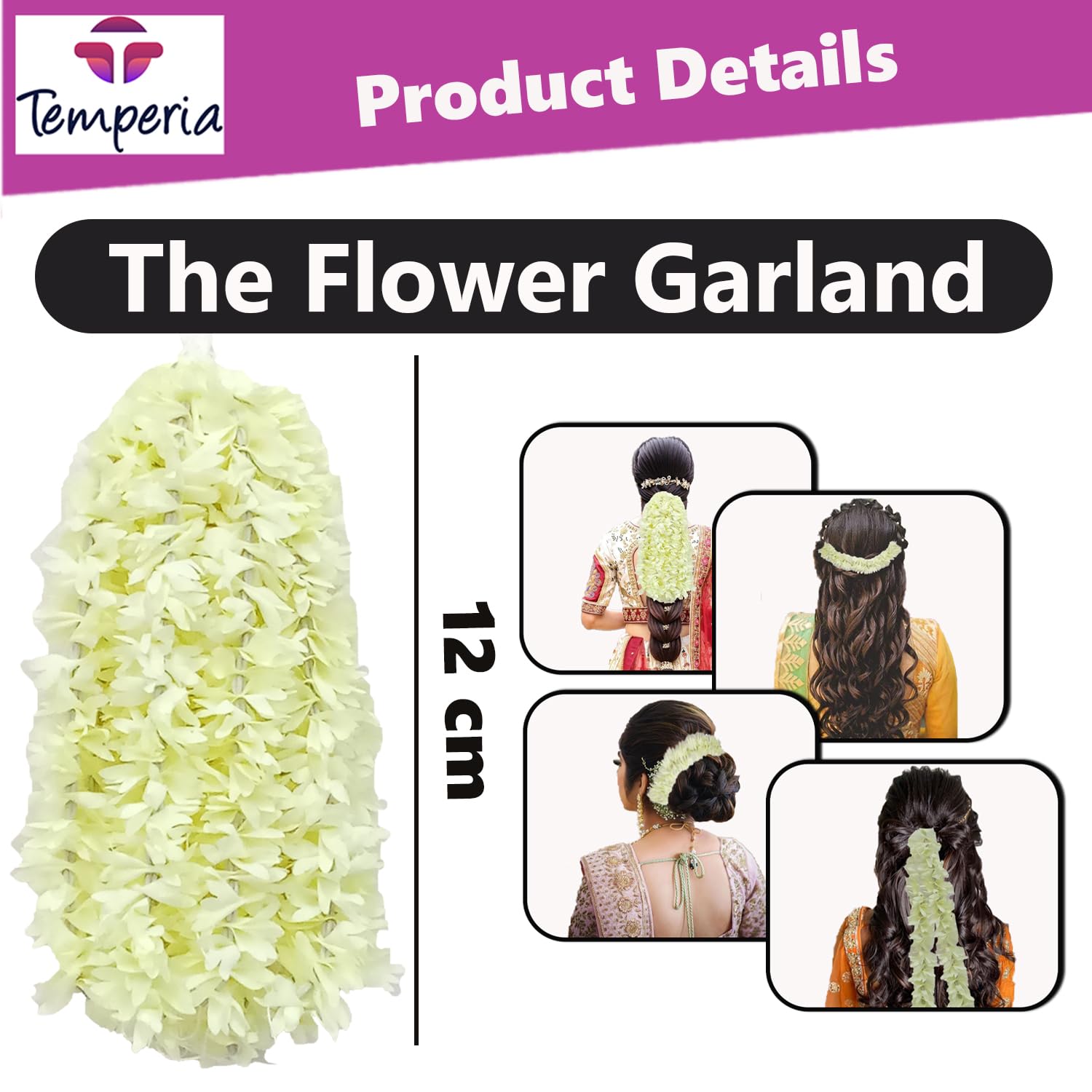 4pcs Premium Artificial Jasmine Gajra Hair Bun Accessories for Women - Scented Fake Mogra Hair Band - Voluminous Floral Hair Jewelry for Weddings, Parties & Special Occasions (DN01)