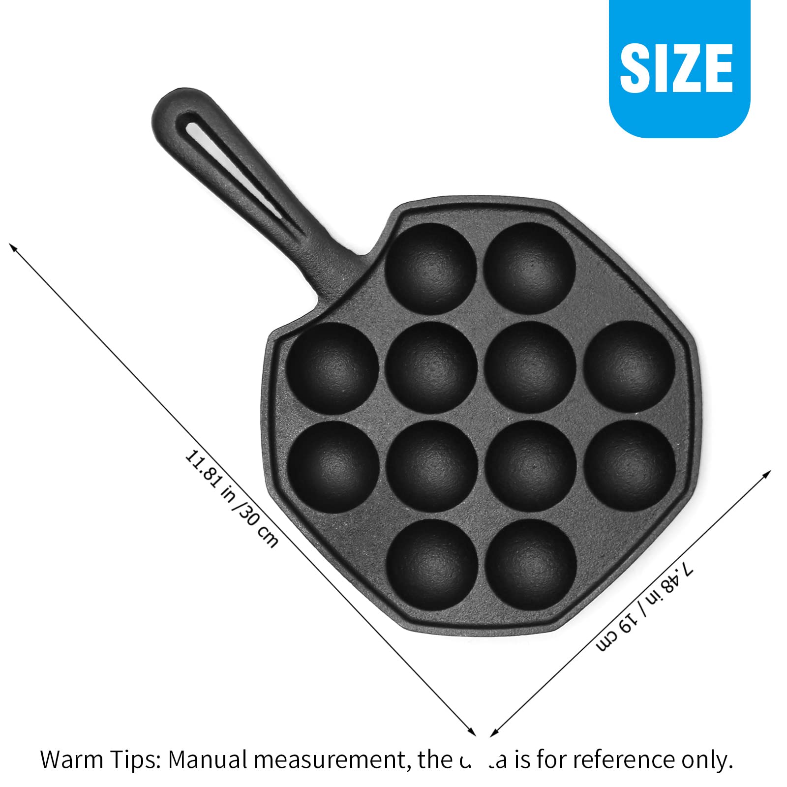 Cast Iron Takoyaki Pan - 12 Hole Heavy Duty Square Griddle for Japanese Octopus Balls, 1.5
