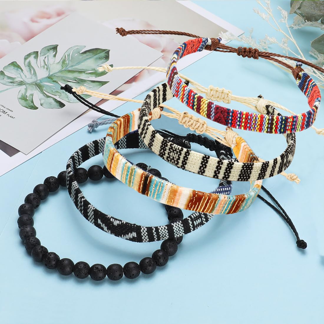 Surfer Beach Bracelet Set for Men & Women - 5pcs Handmade Boho Adjustable Wrap Bracelets & Anklets - Woven Beaded Jewelry for Summer Vacation, Music Festivals, Beach Parties & Boho Fashion