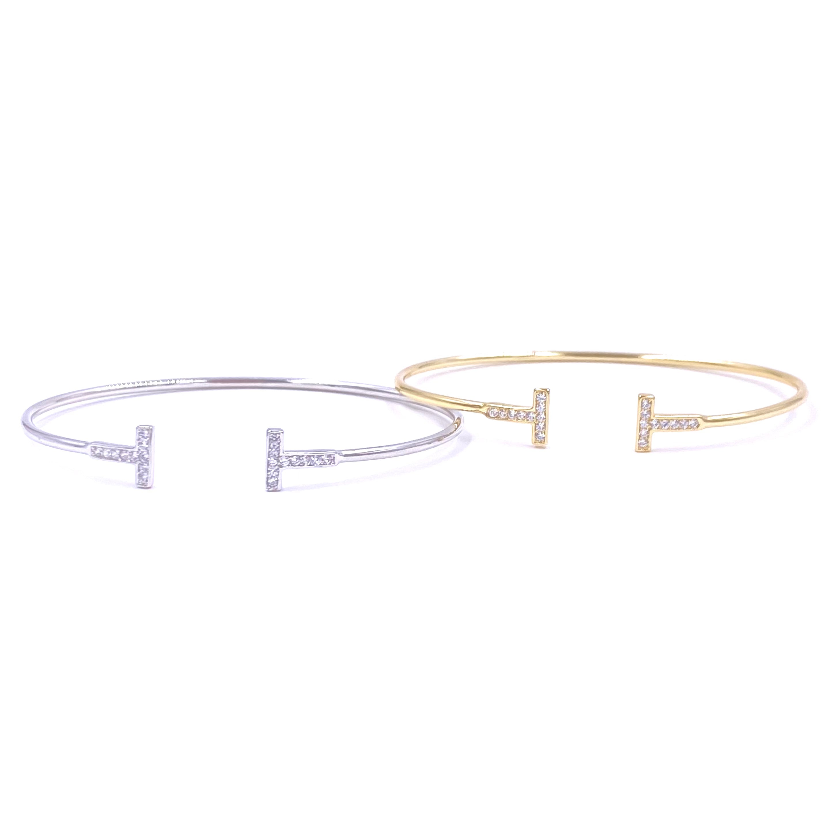 Ashley Gold Stainless Steel Gold Plated Cubic Zirconia T-Design Bangle Bracelet for Women - Perfect for Parties, Weddings & Everyday Elegance