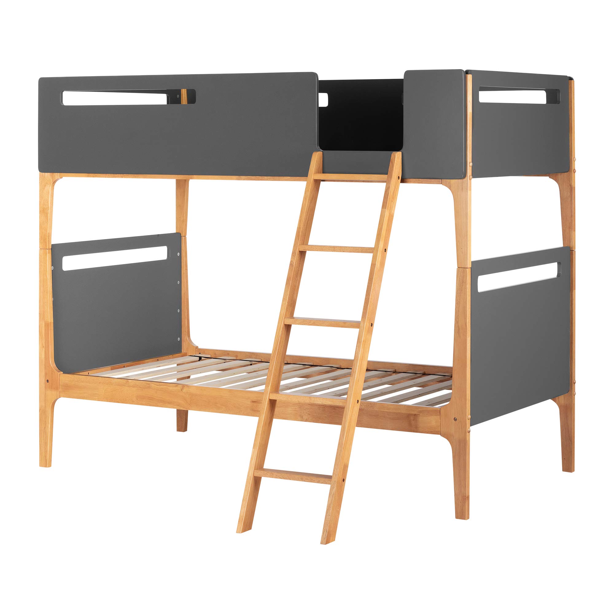 South Shore Bebble Twin Bunk Bed with Ladder - Charcoal Gray & Exotic Wood Finish - Space-Saving Kids Bedroom Furniture for Siblings or Sleepovers