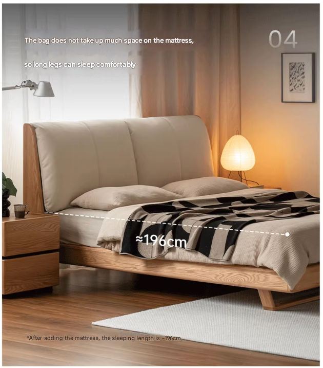 Italian Light Luxury Solid Wood Bed in Oak & Ash with Genuine Leather Upholstery - Perfect for Master Bedrooms, Guest Rooms & Modern Home Decor