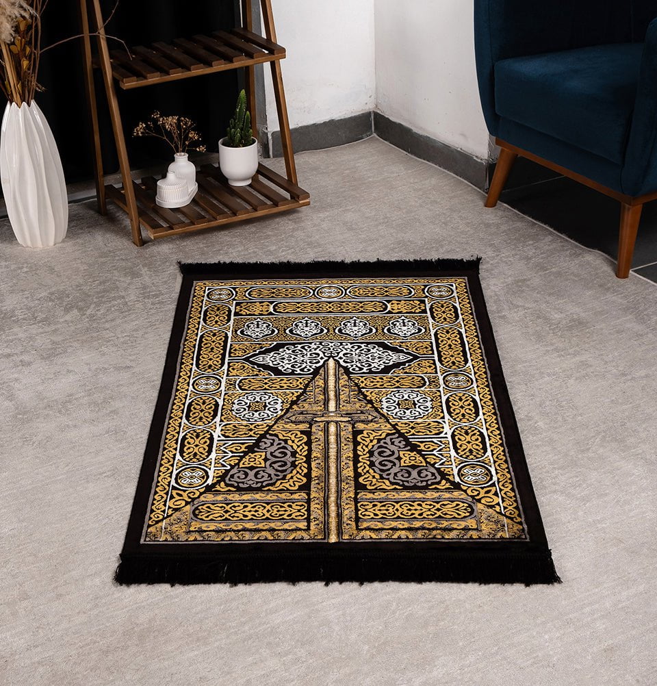 Premium Black Diamond Islamic Prayer Rug - Non-Slip, Soft & Durable - Perfect for Home, Mosque, or Travel - Kaba Door Design for Spiritual Comfort