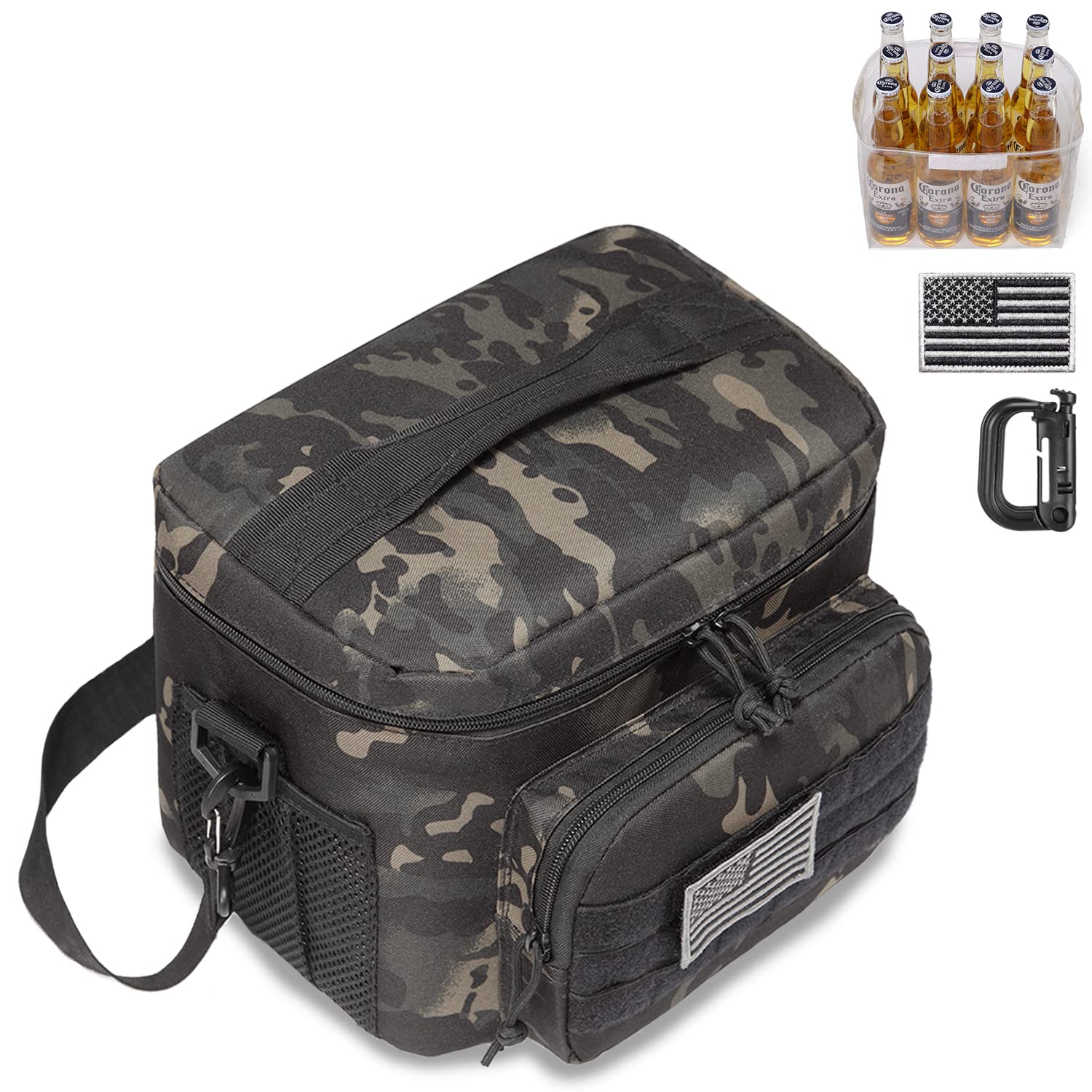 Tactical Insulated Lunch Bag for Men & Women - 12 Can Capacity, 9L Leakproof Cooler Tote for Work, Office, Outdoor & Travel | Soft Easy-Clean Liner (Black Camo) | Perfect for Camping, Hiking, Picnics & Daily Commute