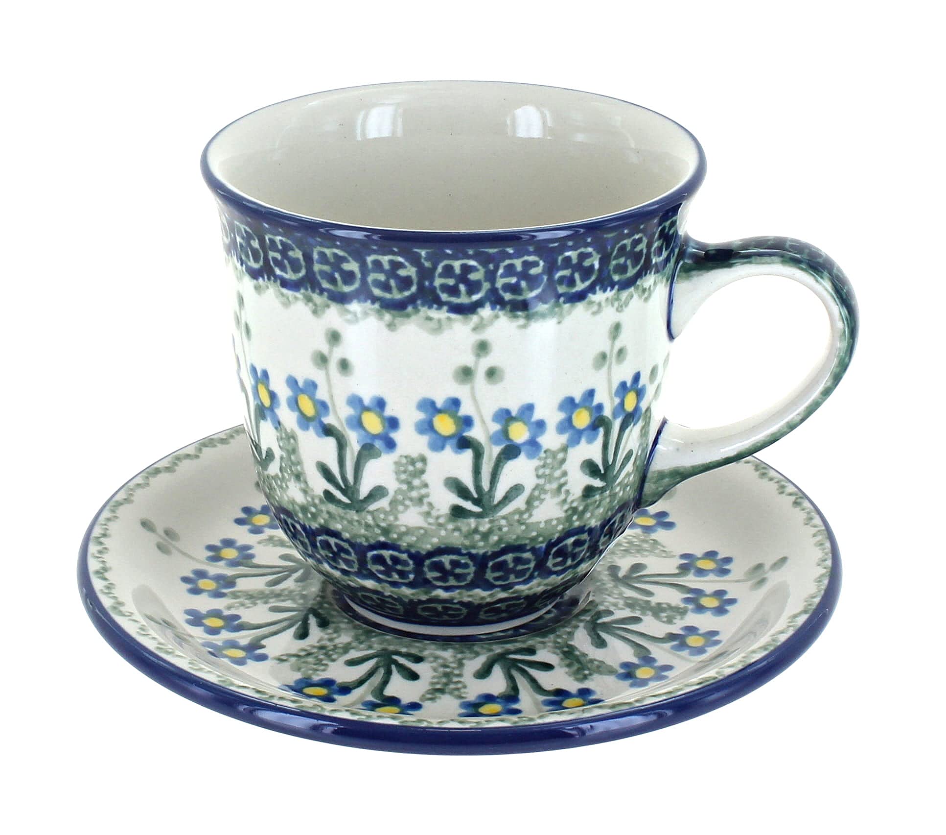 Handmade Blue Rose Polish Pottery Coffee Mug & Saucer Set - Floral Ceramic Tea Cup for Home, Office & Gifts - Perfect for Morning Coffee, Afternoon Tea & Decor