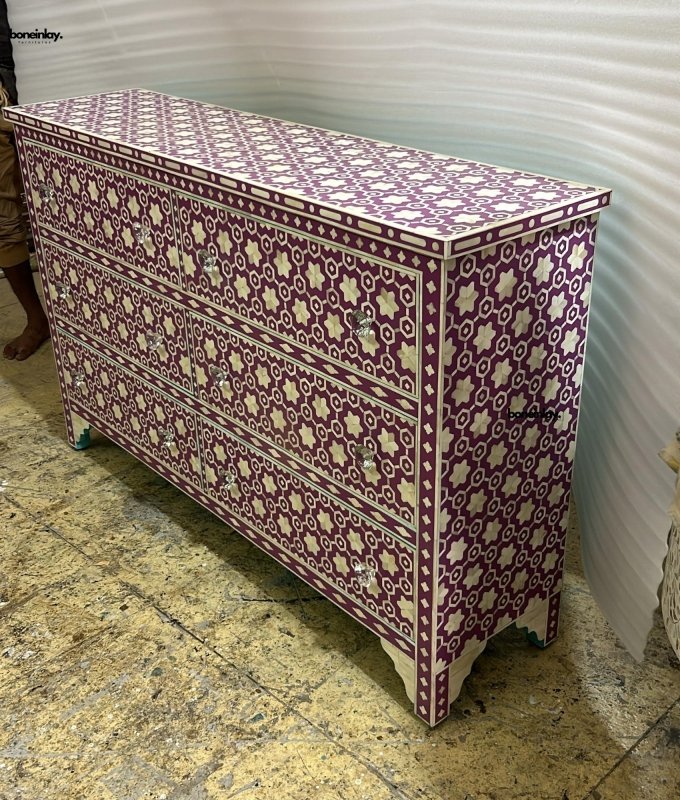Handmade Bone Inlay Dresser with Six Drawers - Vintage Boho Bedroom Furniture for Storage & Organization