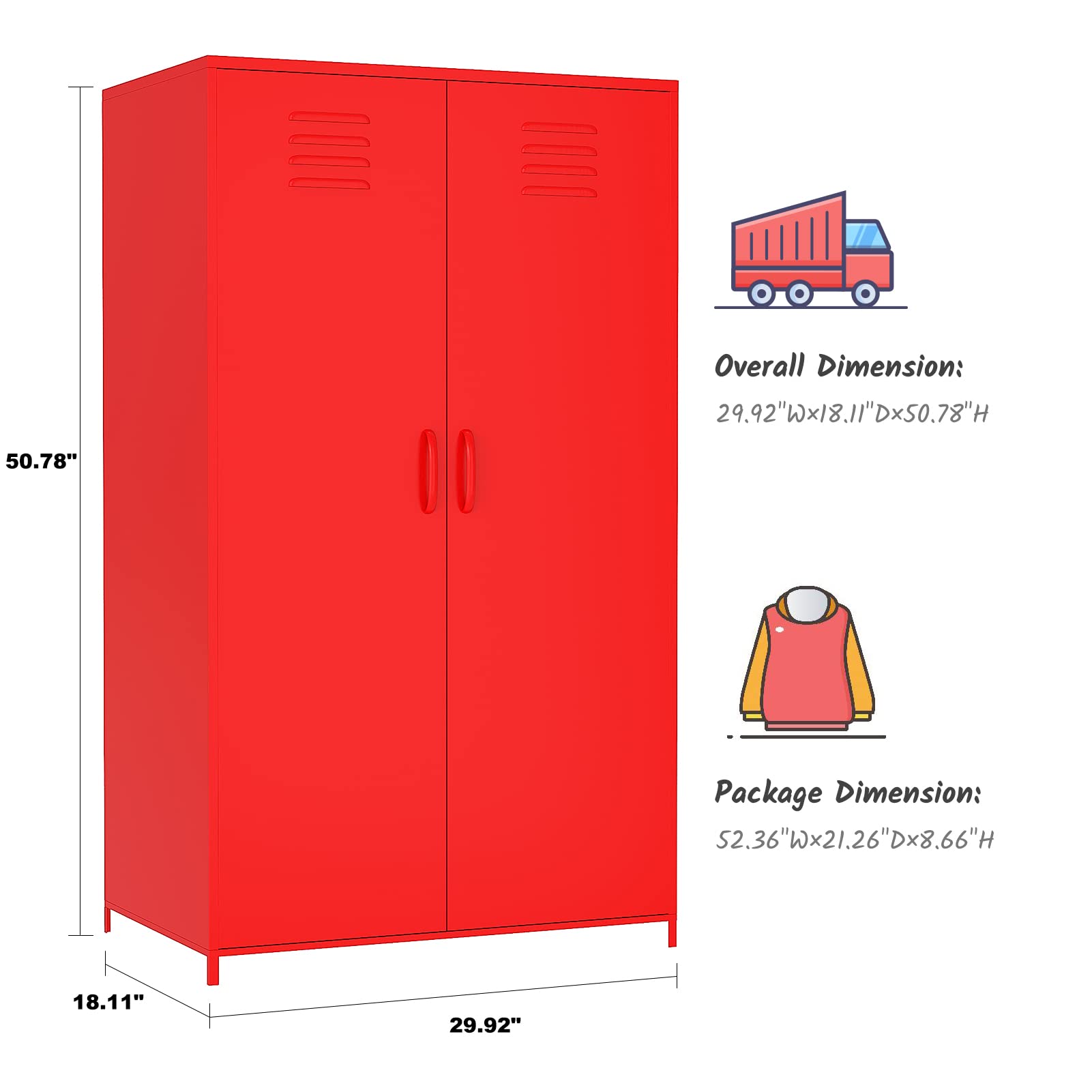 Steel Storage Cabinet with Double Doors - Hanging Rod & Shelves for Toys, Clothes, Books - Perfect for Bedroom, School, Classroom, Office (Red) - Organize Your Space with Durable Metal Locker