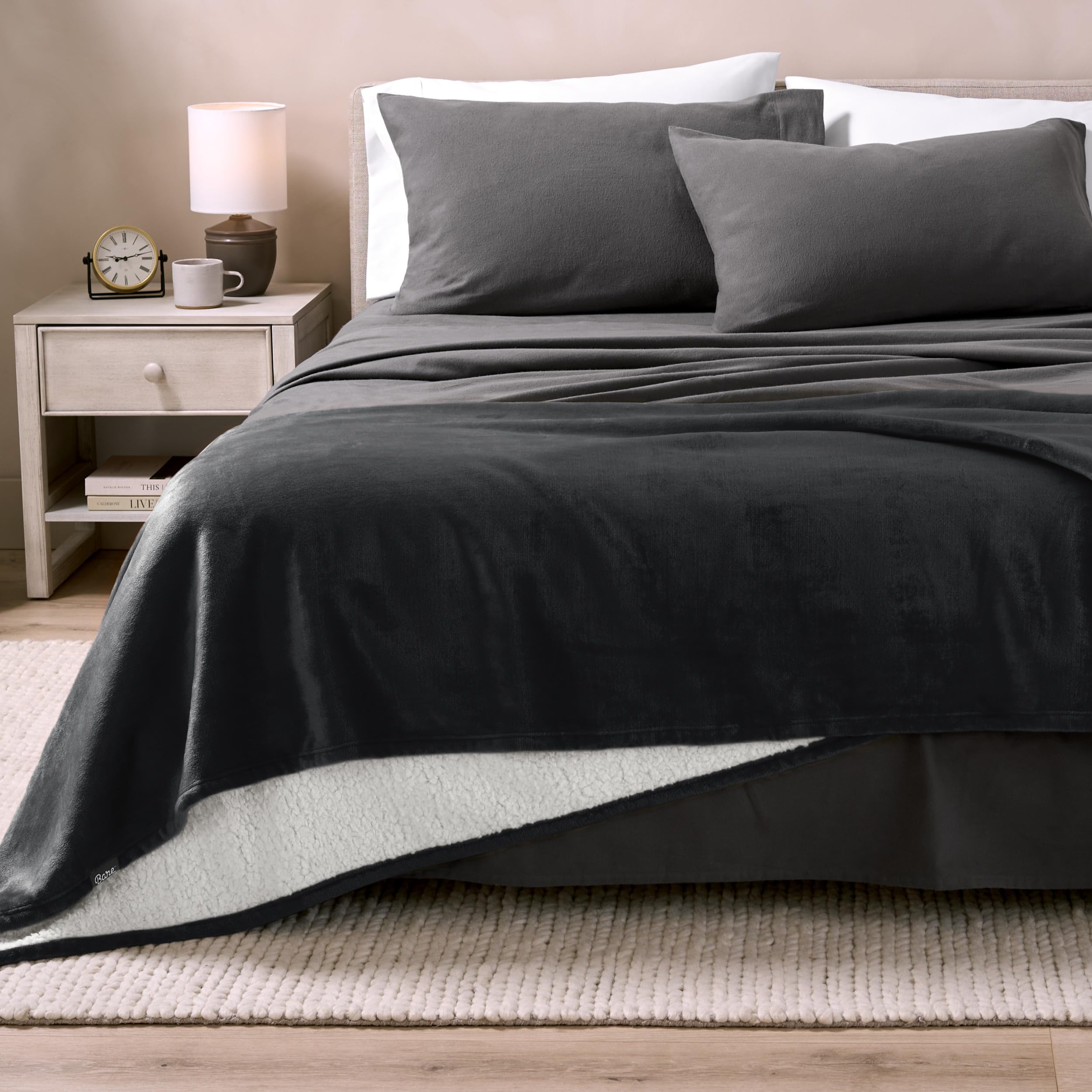 Bare Home Sherpa Fleece Blanket - Ultra Soft Reversible Plush Throw for Bed, Sofa, Couch - Warm & Lightweight Travel Blanket for Camping, Gifts - Cozy Home Decor & Perfect for Winter Nights (Black)