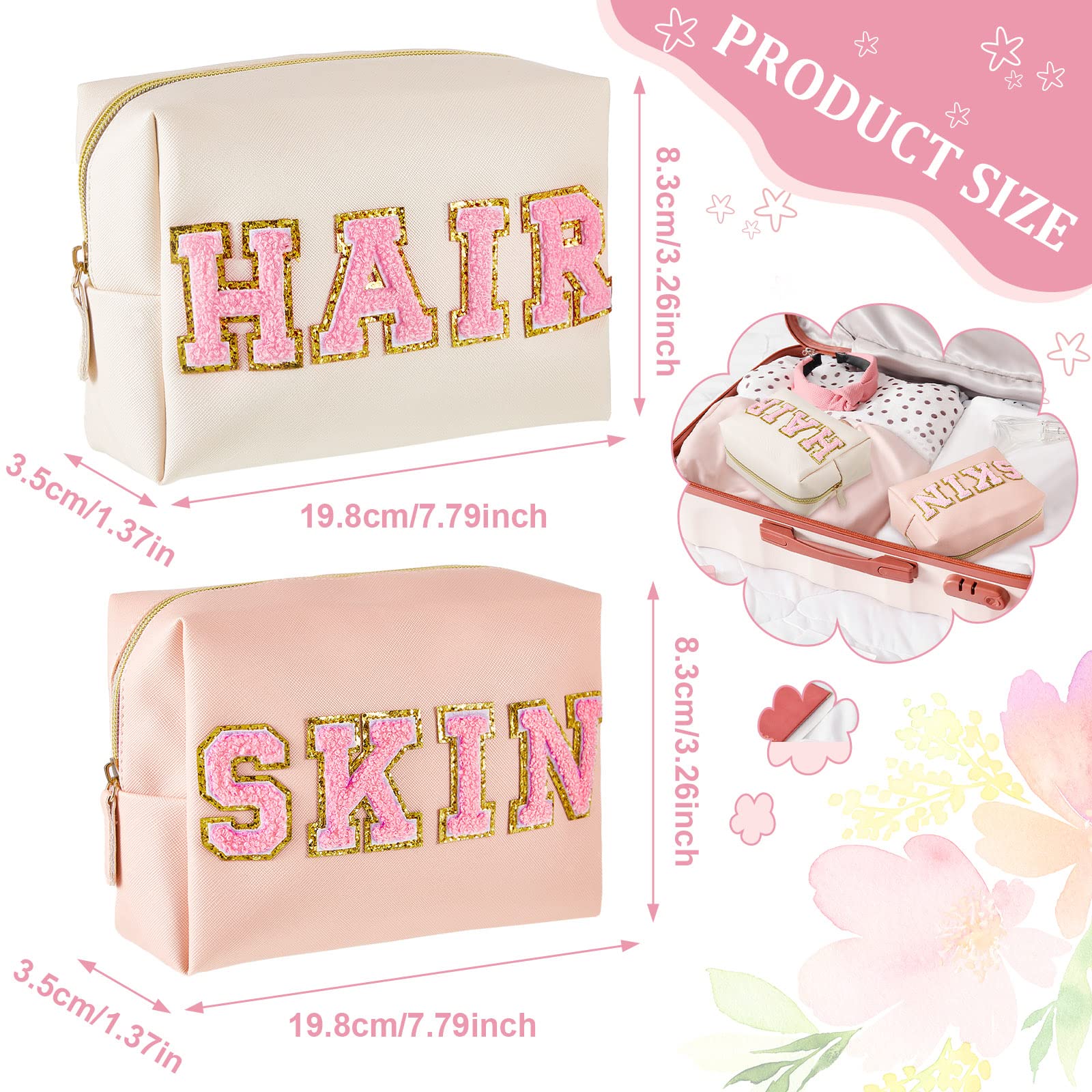 Preppy Makeup Bags 2-Pack - Chenille Letter Patch Cosmetic Organizer for Face, Skin & Hair Care | Aesthetic Travel Zipper Pouch | Perfect Graduation Gift for Girls (White & Pink) | Great for Travel, School, Gym & Daily Beauty Organization