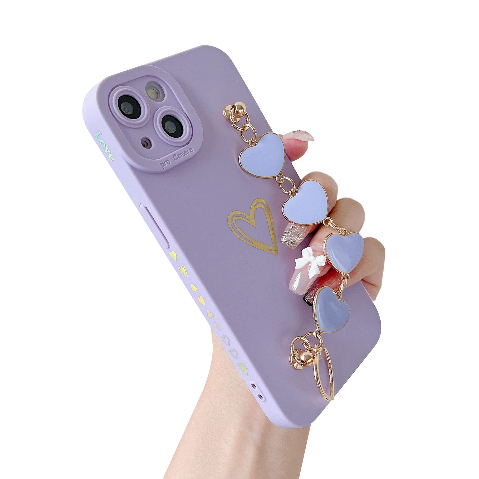Cute Love Heart Wrist Strap Chain Phone Case for iPhone 12 Pro - Protective Purple Cover with Bracelet for Women & Girls | Perfect for Everyday Use, Travel, and Fashion Accessory