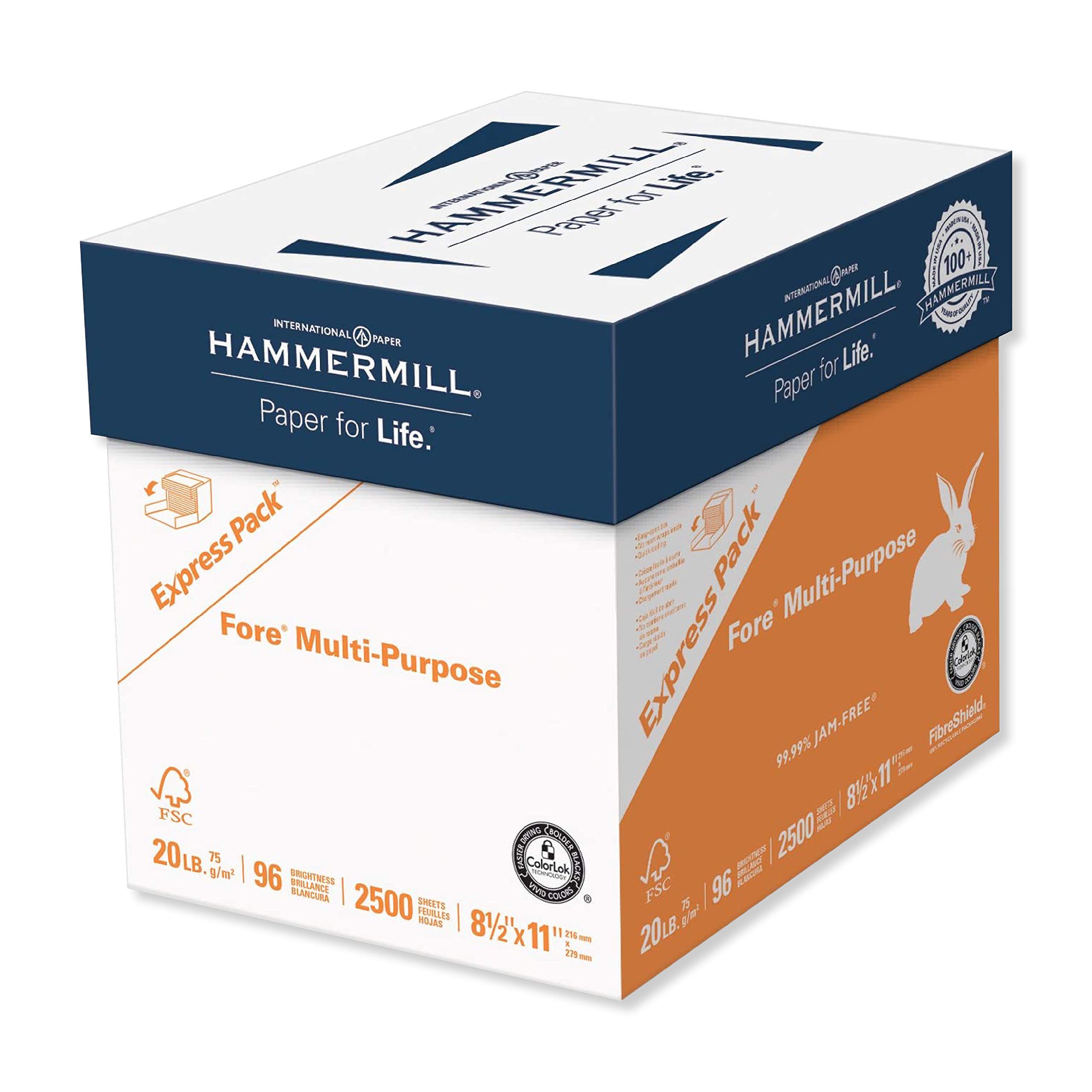 Hammermill Fore Multipurpose 20 lb Copy Paper, 8.5 x 11, 2500 Sheets - 96 Bright White Printer Paper for Home Office, School & Business Use - Made in USA, Express Pack (163121) - Ideal for Printing, Copying & Faxing Documents
