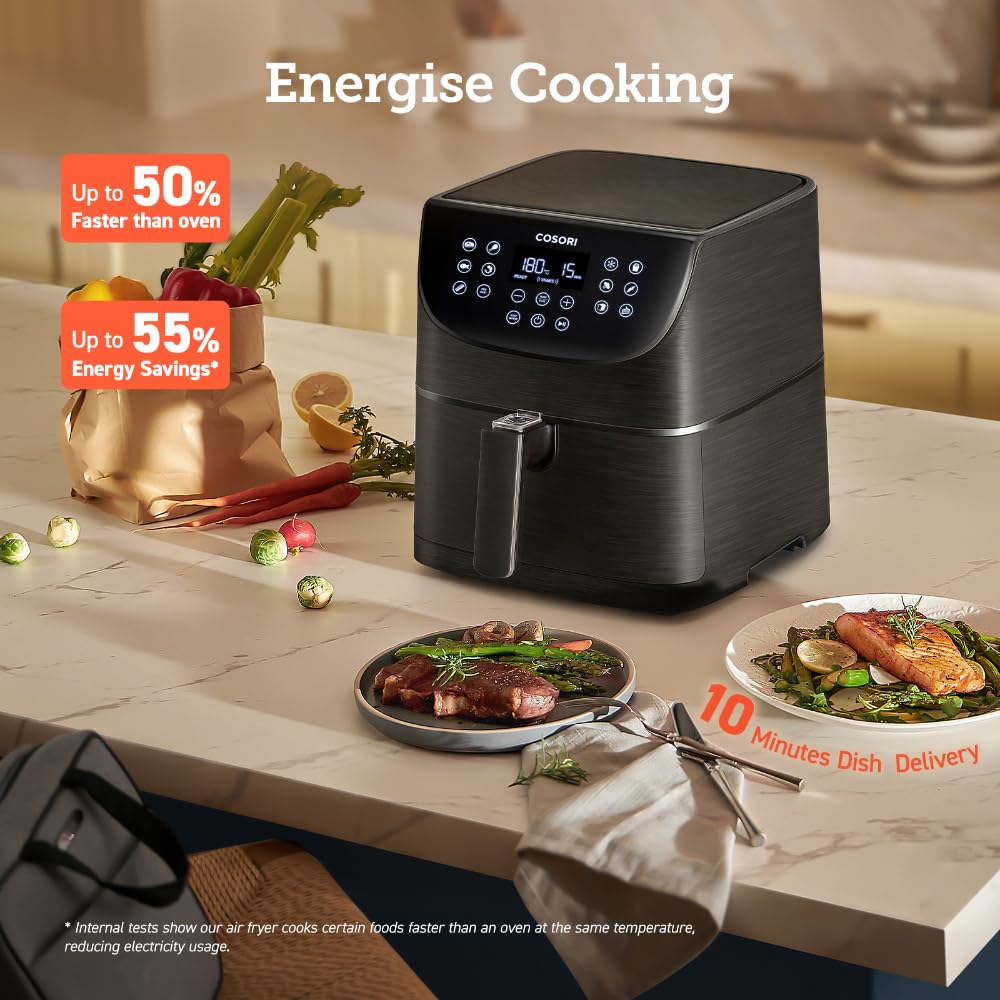 COSORI 5.5L Smart Air Fryer Oven with 200 Recipes - APP Control, 13 Cooking Functions (Roast, Bake, Reheat), Removable Square Basket, Dishwasher Safe - Perfect for Healthy Cooking, Family Meals & Quick Snacks (Black)