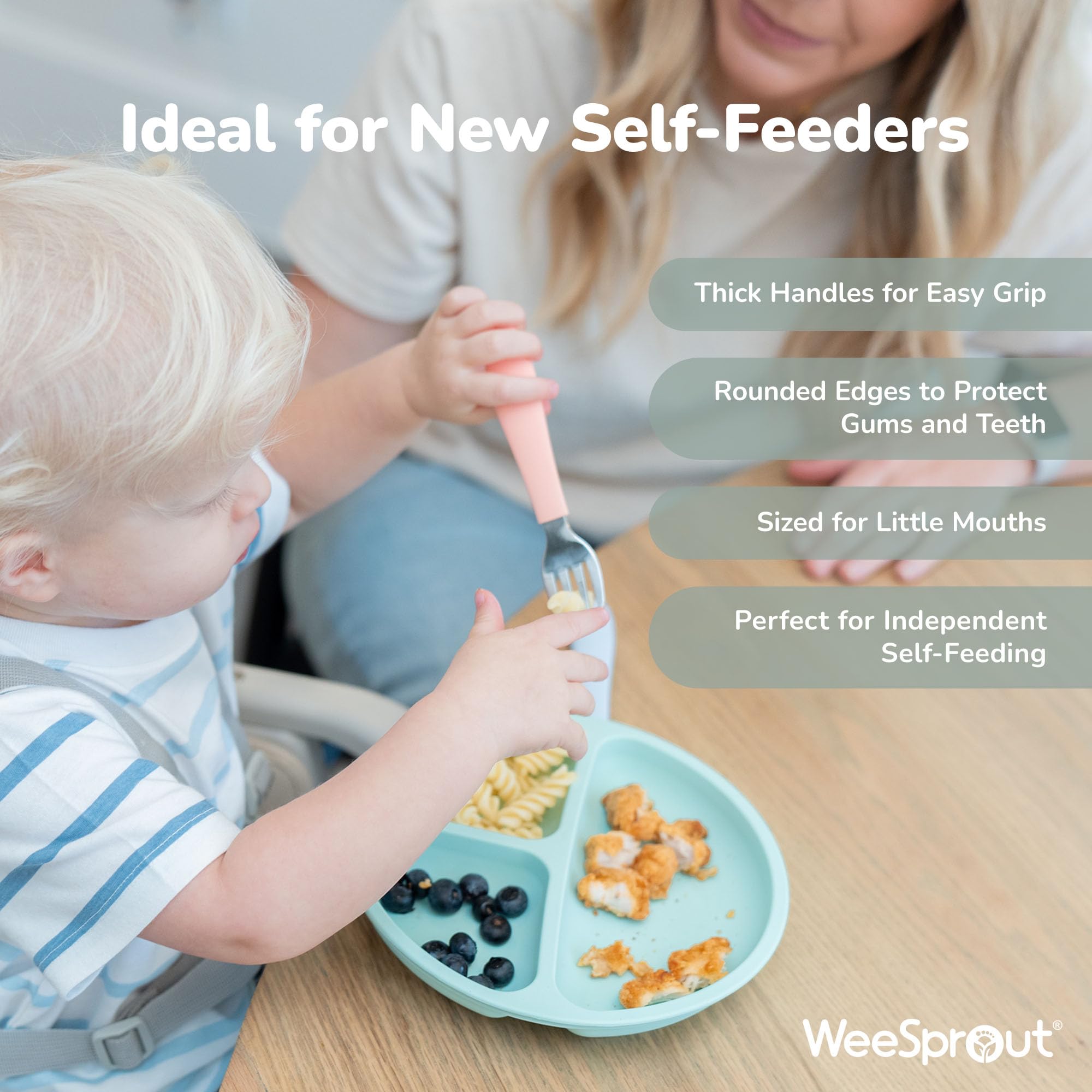 WeeSprout Toddler Utensil Set - 3 Stainless Steel Forks & 3 Spoons with Soft Silicone Handles | 18/8 Food Grade Safe | Easy-Grip Design for Self Feeding | Baby & Kids Friendly | Gentle on Gums | Dishwasher Safe | Perfect for Home, Daycare & Travel Meals