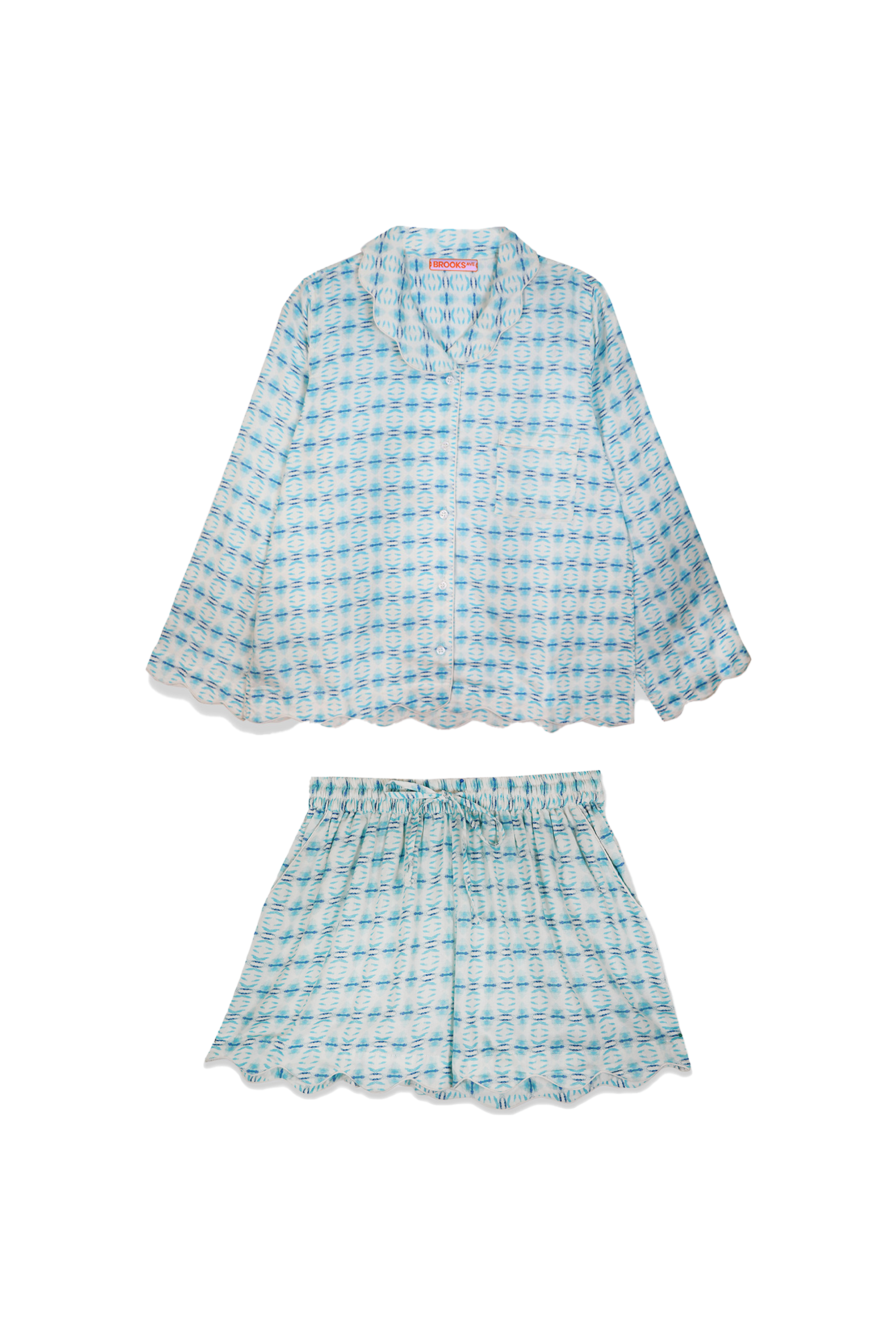 Scalloped Pajama Set - Women's Shorts & Long Sleeve Top in Cameron Blue | Soft Sleepwear for Lounge & Bedtime