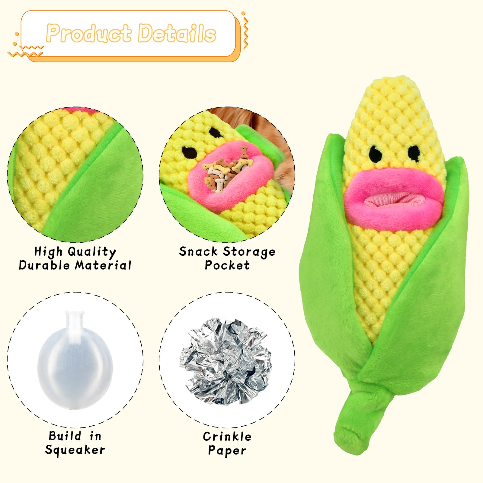 Vehomy 2-in-1 Squeaky Corn Dog Toy - Interactive Plush Puzzle Chew Toy with Crinkle Paper & Squeaker for Small & Medium Dogs - Great for Teething Relief, Training, and Playtime Fun
