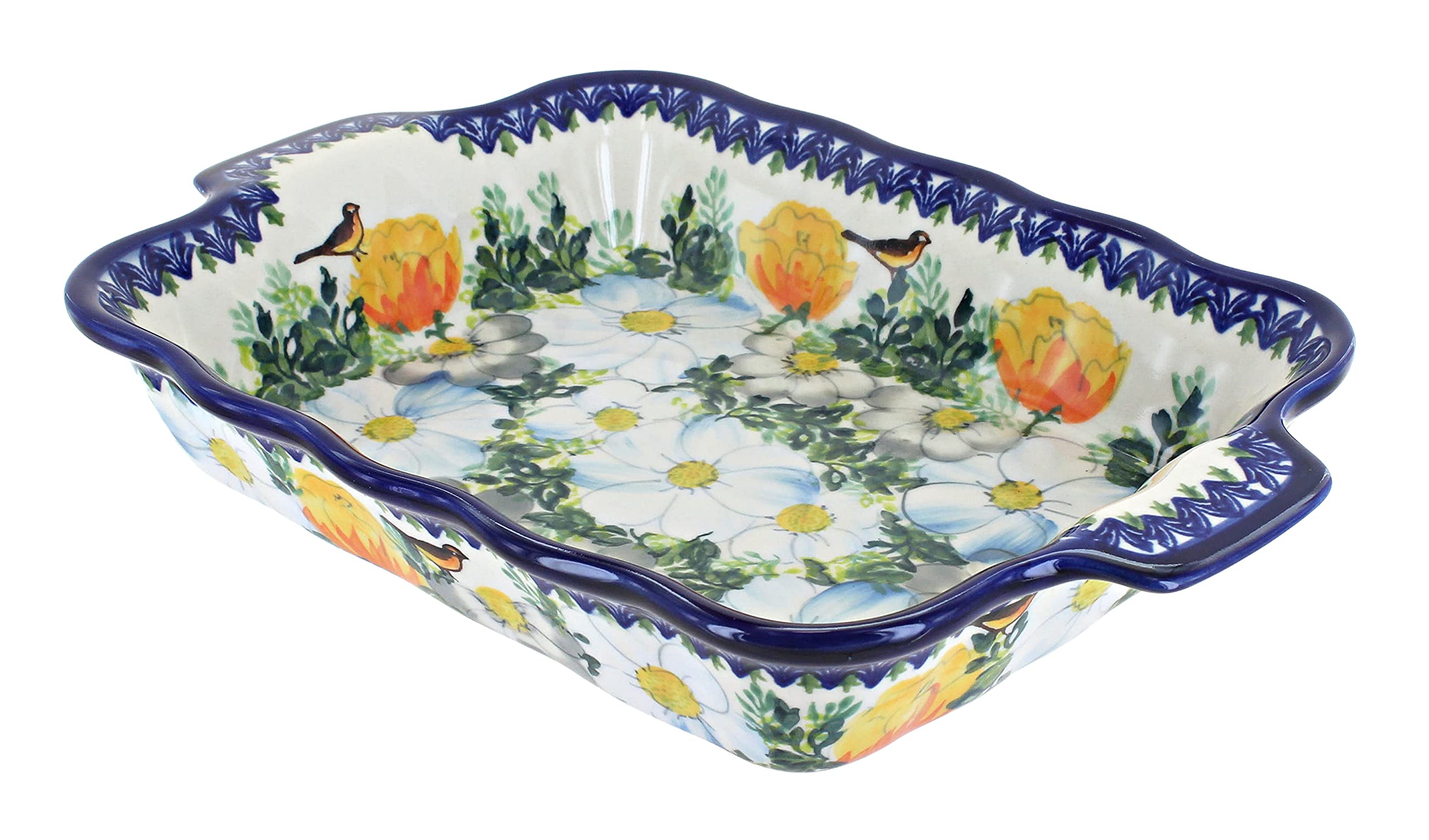 Handmade Blue Rose Polish Pottery Goldfinch Rectangular Baker with Handles - Medium Size Stoneware Casserole Dish for Oven Baking, Serving & Home Decor