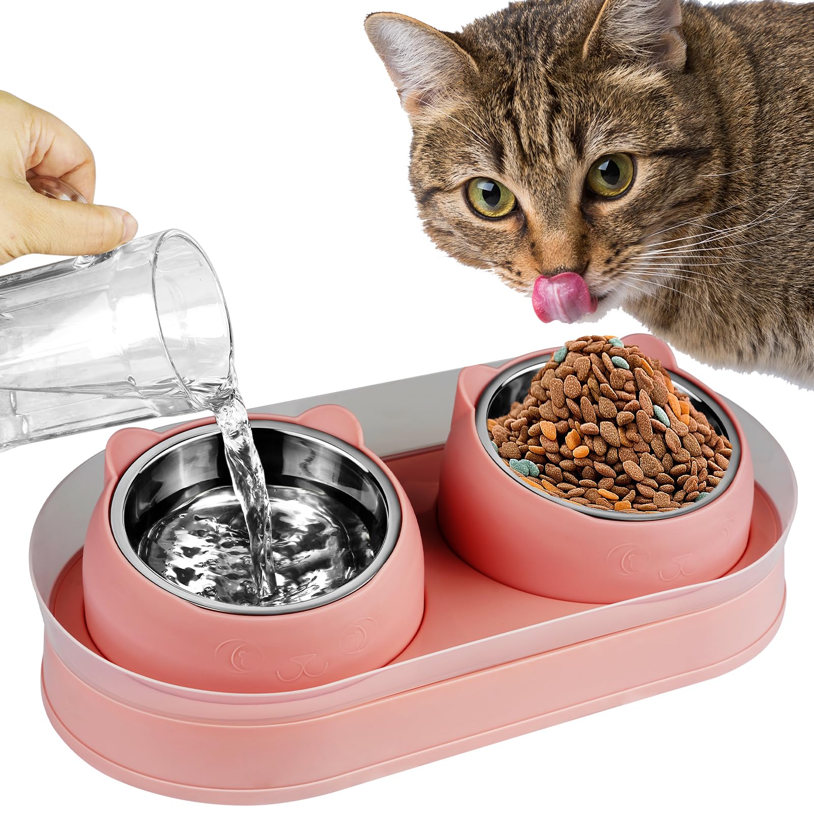 Stainless Steel Elevated Cat Food and Water Bowls Set with Stand - Tilted Anti-Vomiting Design for Healthy Eating - Perfect for Double Cats, Small Pets - Ideal for Home, Kitchen, or Travel Use (Pink)