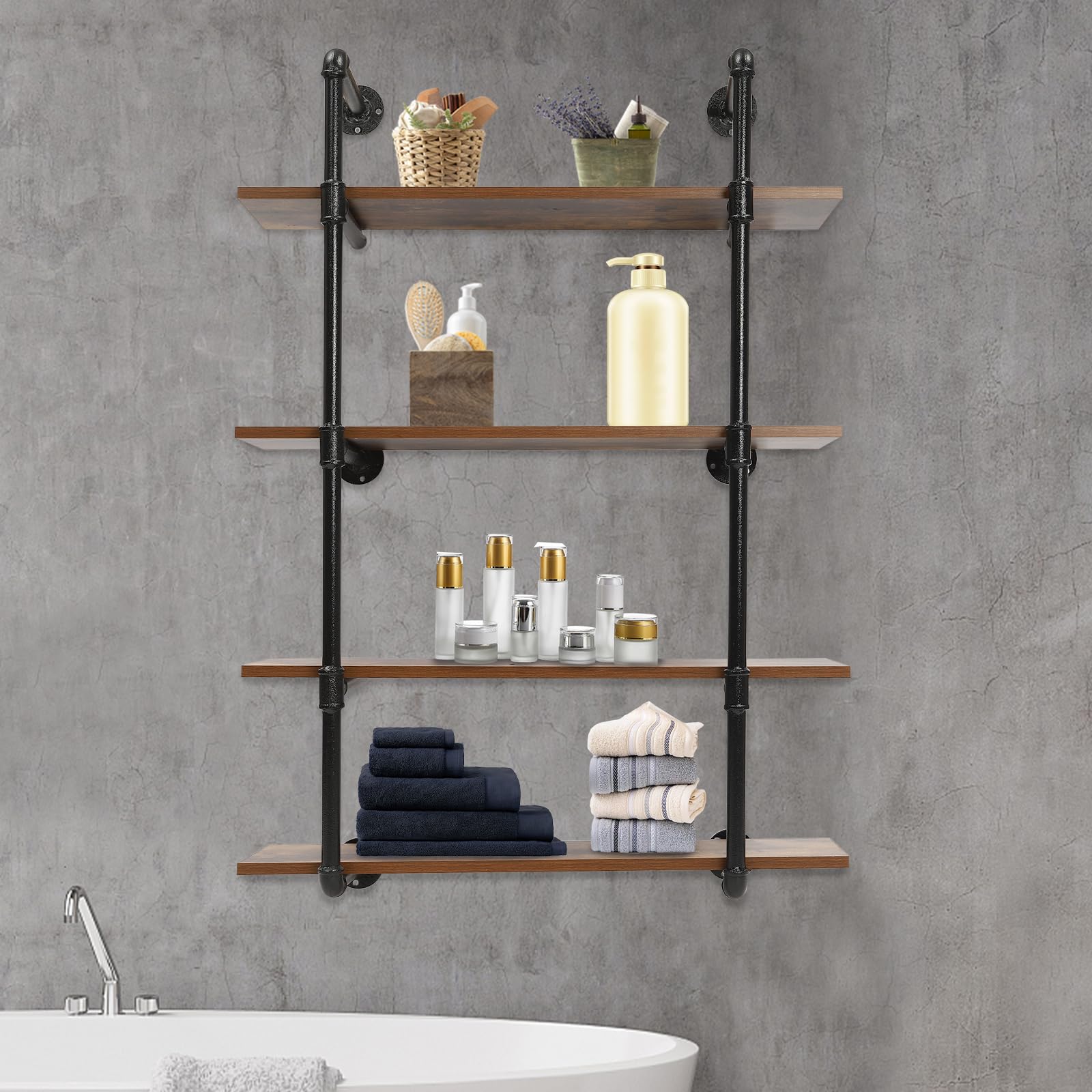 4-Tier 30-Inch Industrial Pipe Floating Shelves - Rustic Metal Wall Mounted Bookshelf for Living Room, Bedroom, Kitchen & Bathroom - Heavy Duty Storage Shelf Unit for Home, Office, Supermarket & Retail Stores