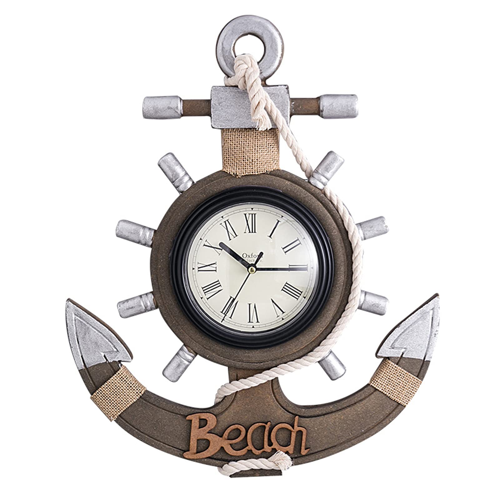 Mediterranean Style Nautical Anchor Clock & Ship Wheel Wall Decor - 34.5x42.8cm Silver Beach Theme Hanging Ornament for Coastal Home, Seaside Cottage or Nautical-Themed Room Decoration