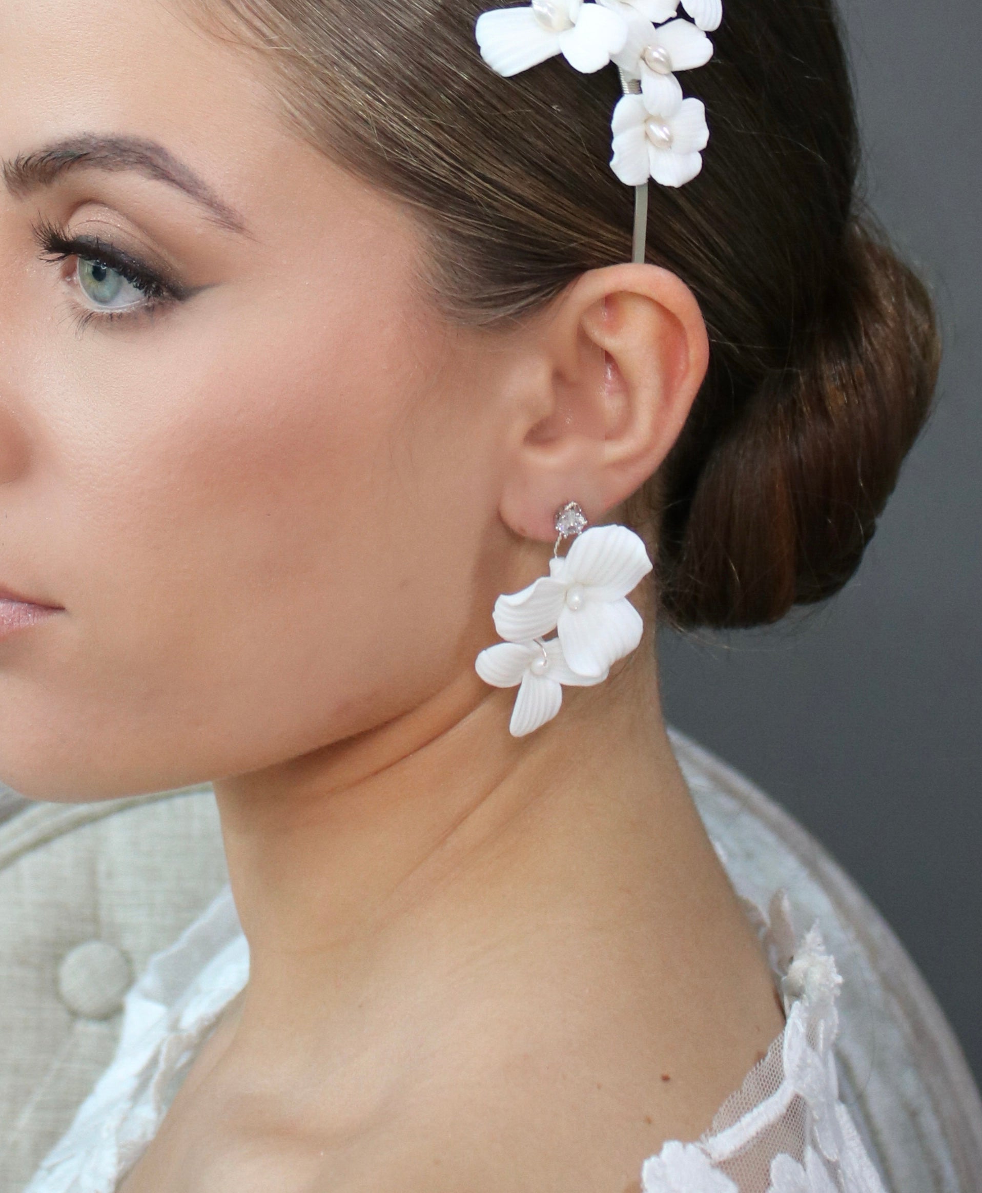 SEBASTIAN White Porcelain Floral Earrings with Freshwater Pearls | Elegant Handmade Jewelry for Women | Perfect for Weddings, Parties & Special Occasions