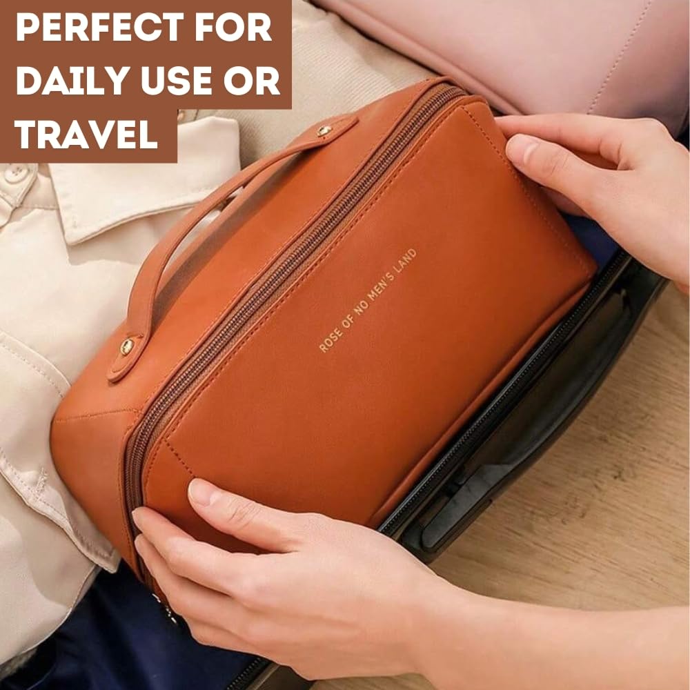 Large Capacity Waterproof Travel Cosmetic Bag with Handle & Divider - Multifunctional Makeup Organizer for Women (Brown, 10cm) | Perfect for Airplane Carry-on, Gym Essentials & Toiletry Storage