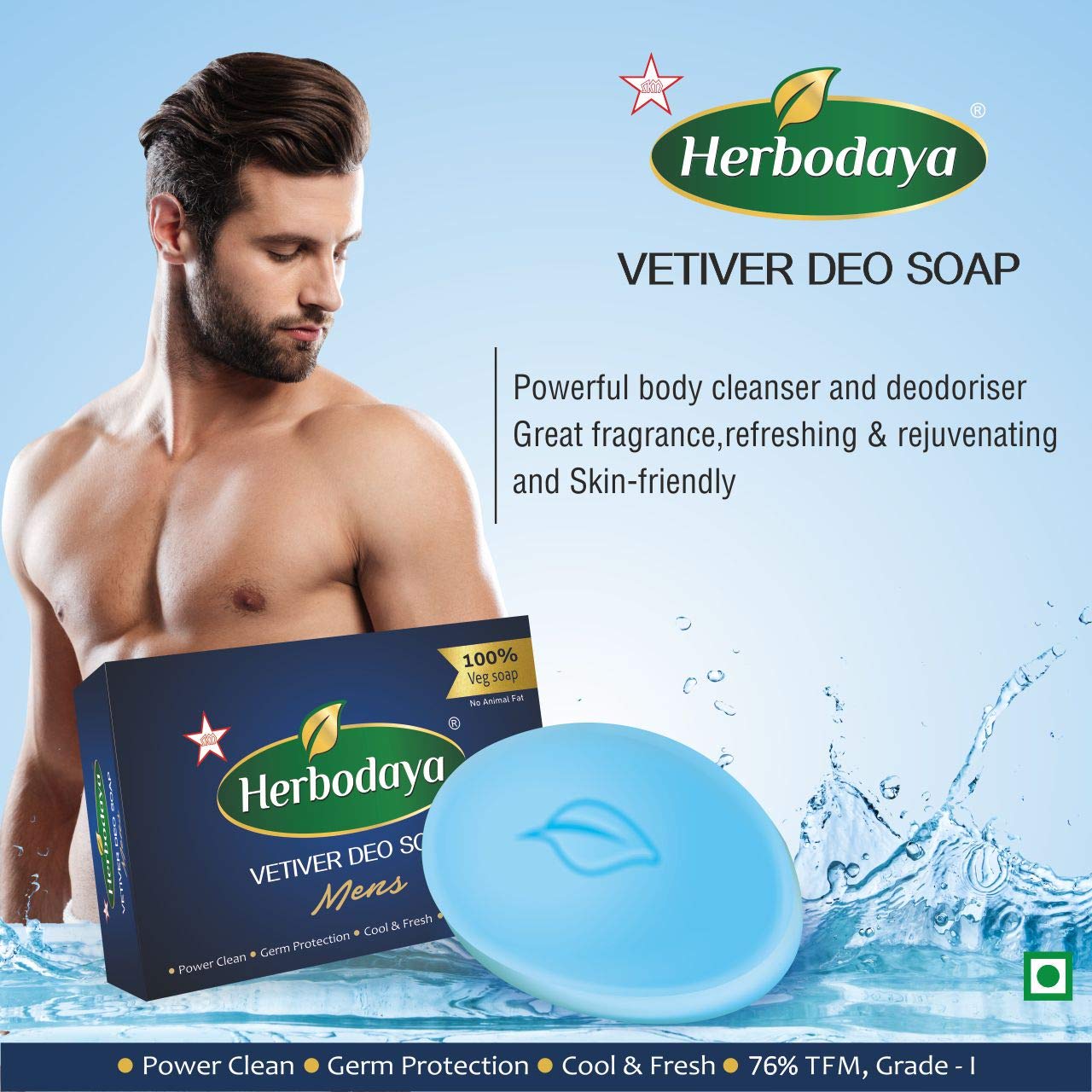 Herbodaya Vetiver Deodorant Soap for Men - 125g (Pack of 5) | Natural Body Odor Control & Freshness | Perfect for Gym, Travel & Daily Use