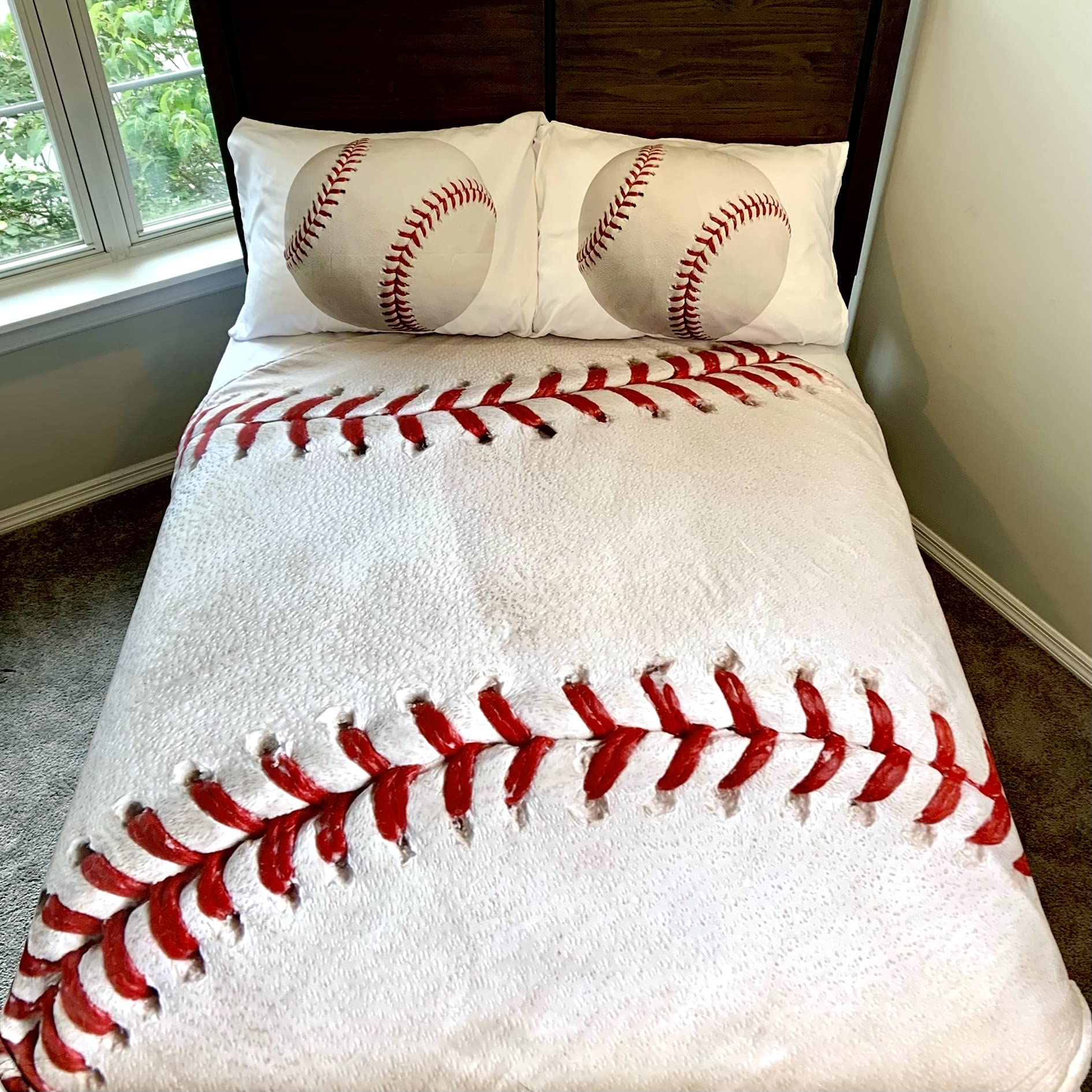 5-Piece Kids Baseball Twin Bedding Set - Round Comforter, 2 Pillowcases, Sheet Set & Soft Microfiber Flannel Blanket | Perfect for Boys' Bedroom, Sports-Themed Decor & Cozy Sleep
