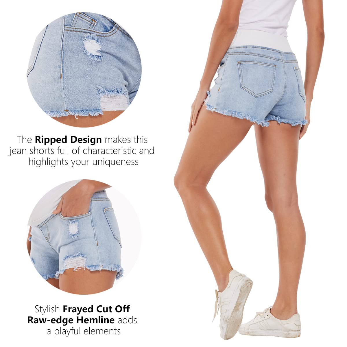 Foucome Women's Maternity Ripped Jean Shorts - Distressed Denim Shorts for Summer - Comfortable Stretch Maternity Shorts for Pregnancy, Casual Wear & Outdoor Activities