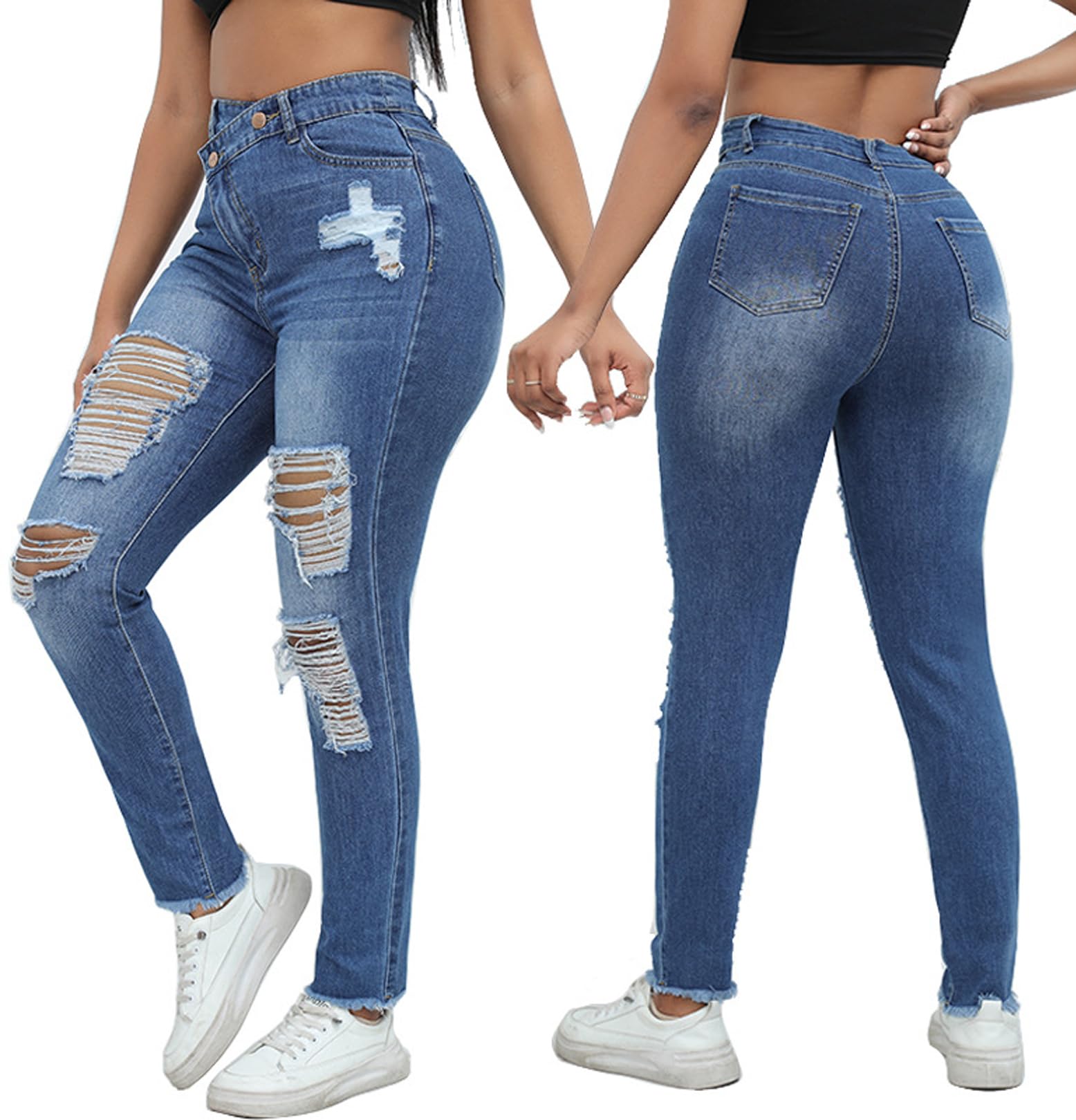 Romastory Women's High Waisted Ripped Skinny Jeans - Stretchy Distressed Denim Pants for Women | Casual Outfit, Streetwear, Date Night