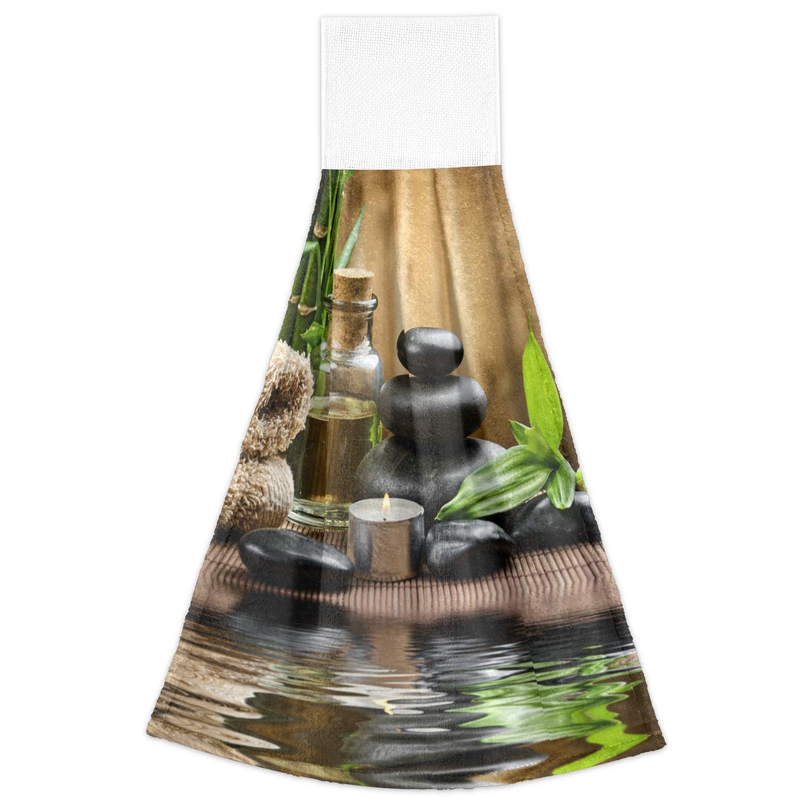 Blueangle Set of 2 Zen Basalt Stones Wood Hanging Tie Towels - Super Absorbent Soft Coral Velvet Dish Cloth for Kitchen & Bathroom - Perfect for Drying Hands, Wiping Dishes and Decorating Your Home